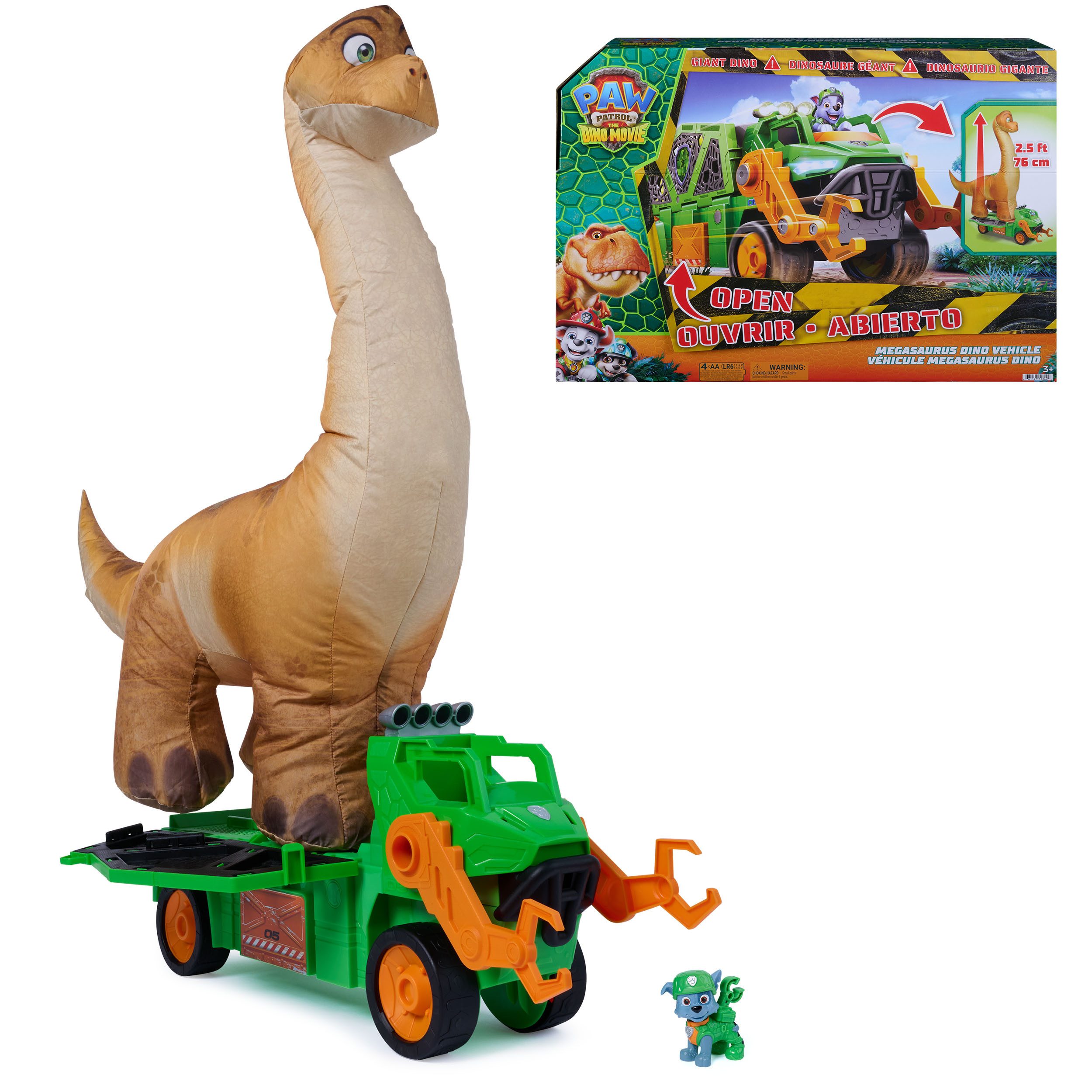 Spin Master Spielzeug-Auto PAW Patrol: Der Dino Film, Rockys Megasaurus Transport-Fahrzeug, mit Lichteffekt