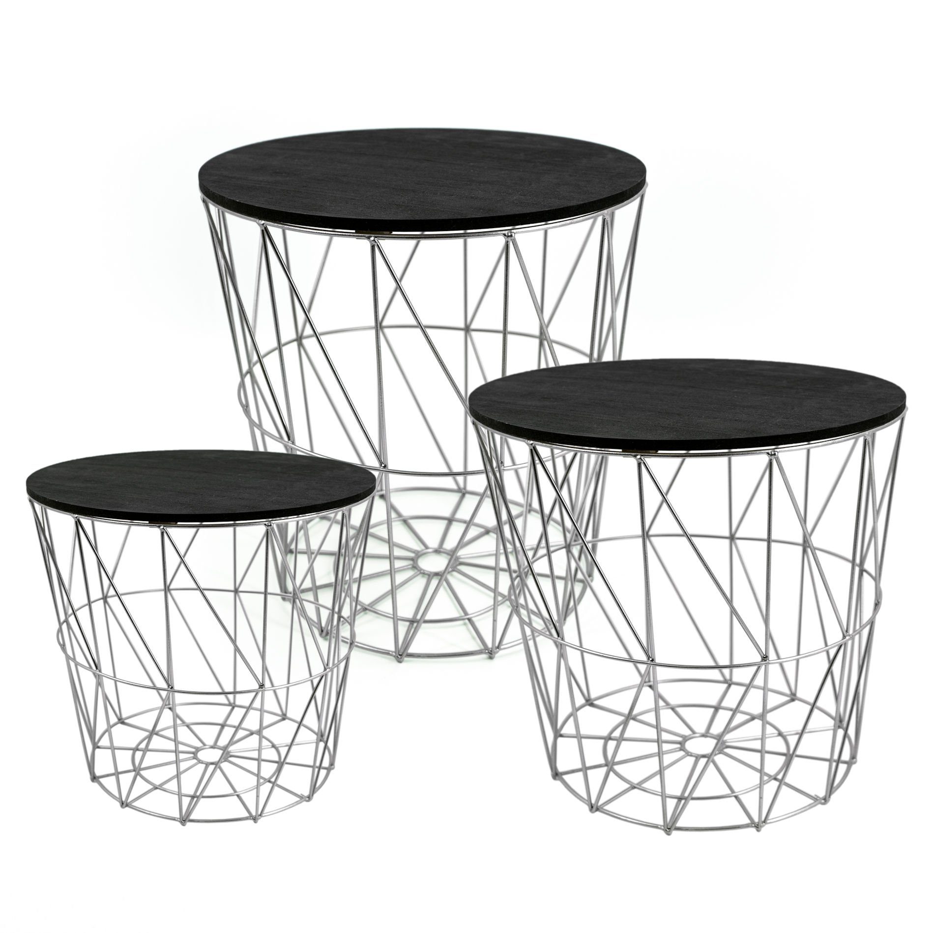 Spetebo Beistelltisch Metall Korb Tisch silber mit Holzplatte - 3er Set, Beistelltische mit schwarzem Deckel