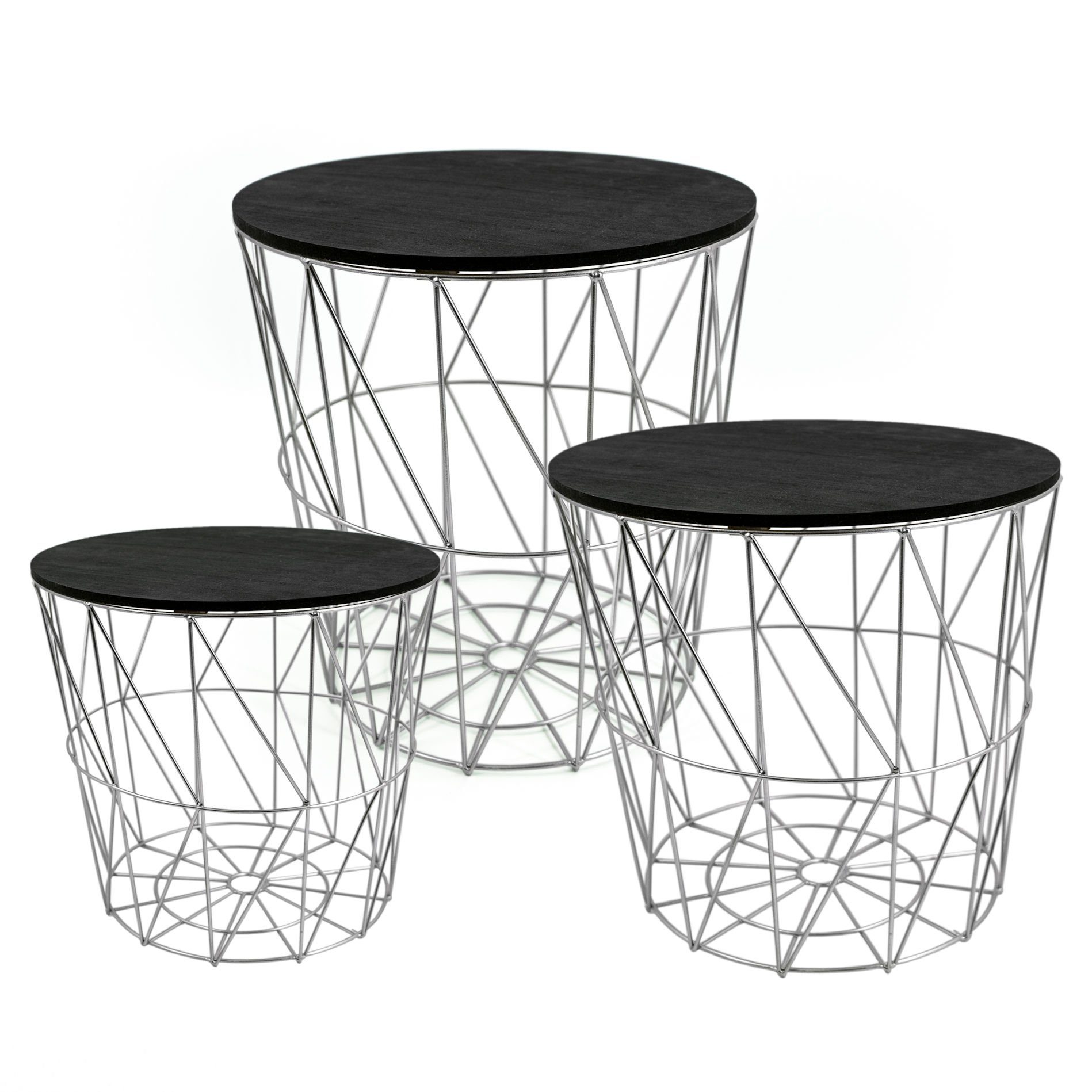 Spetebo Beistelltisch Metall Korb Tisch silber mit Holzplatte - 3er Set (Set, 3-St., Silberne Tische mit abnehmbarer Platte), Приліжкові тумбочки mit schwarzem Deckel