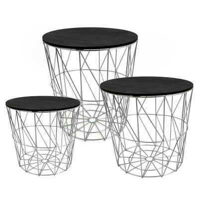 Spetebo Beistelltisch Metall Korb Tisch silber mit Holzplatte - 3er Set (Set, 3-St., Silberne Tische mit abnehmbarer Platte), Beistelltische mit schwarzem Deckel