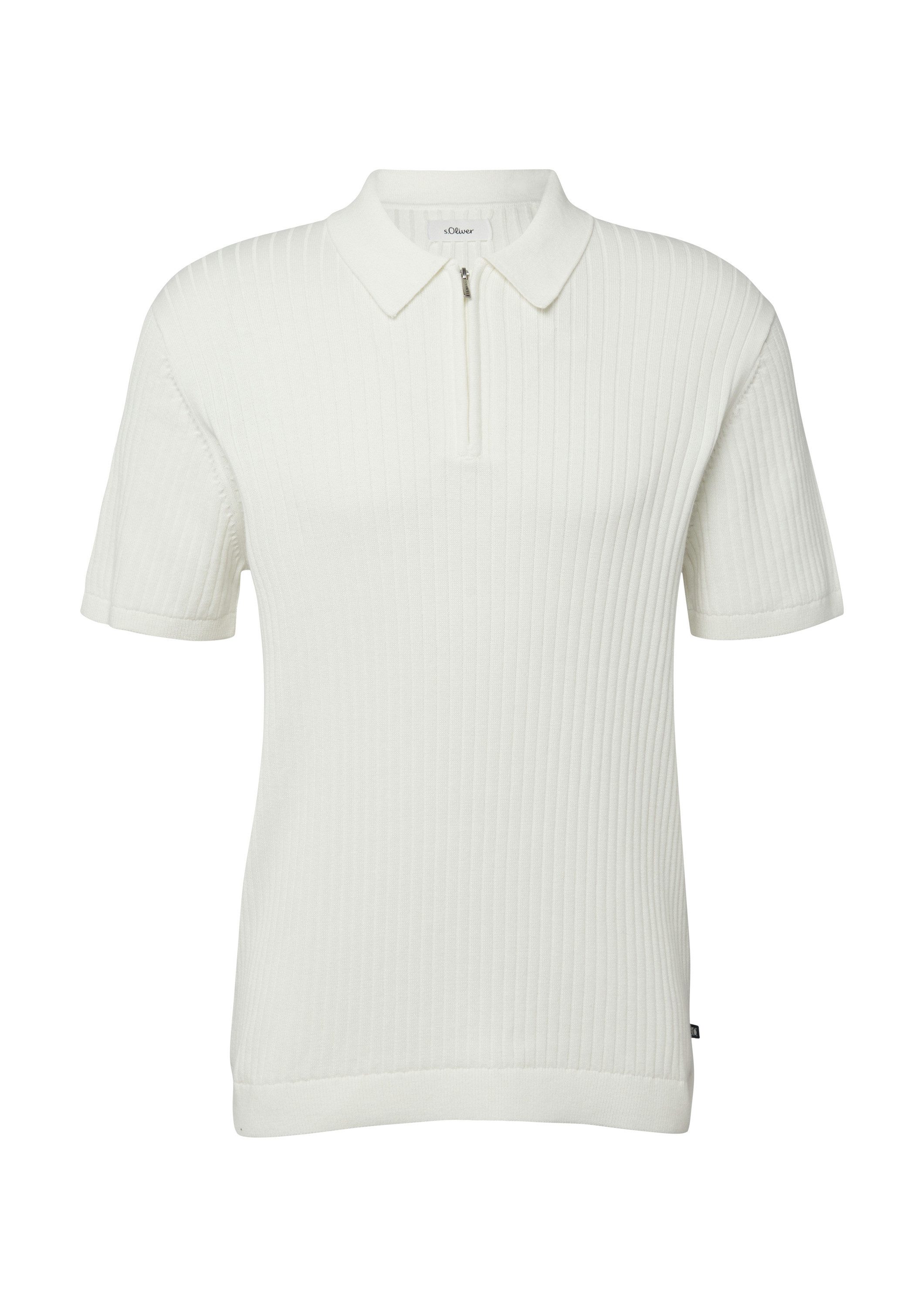 s.Oliver Kurzarmpullover Strickpullover Geripptes Strick-Polo aus Baumwolle mit Reißverschluss