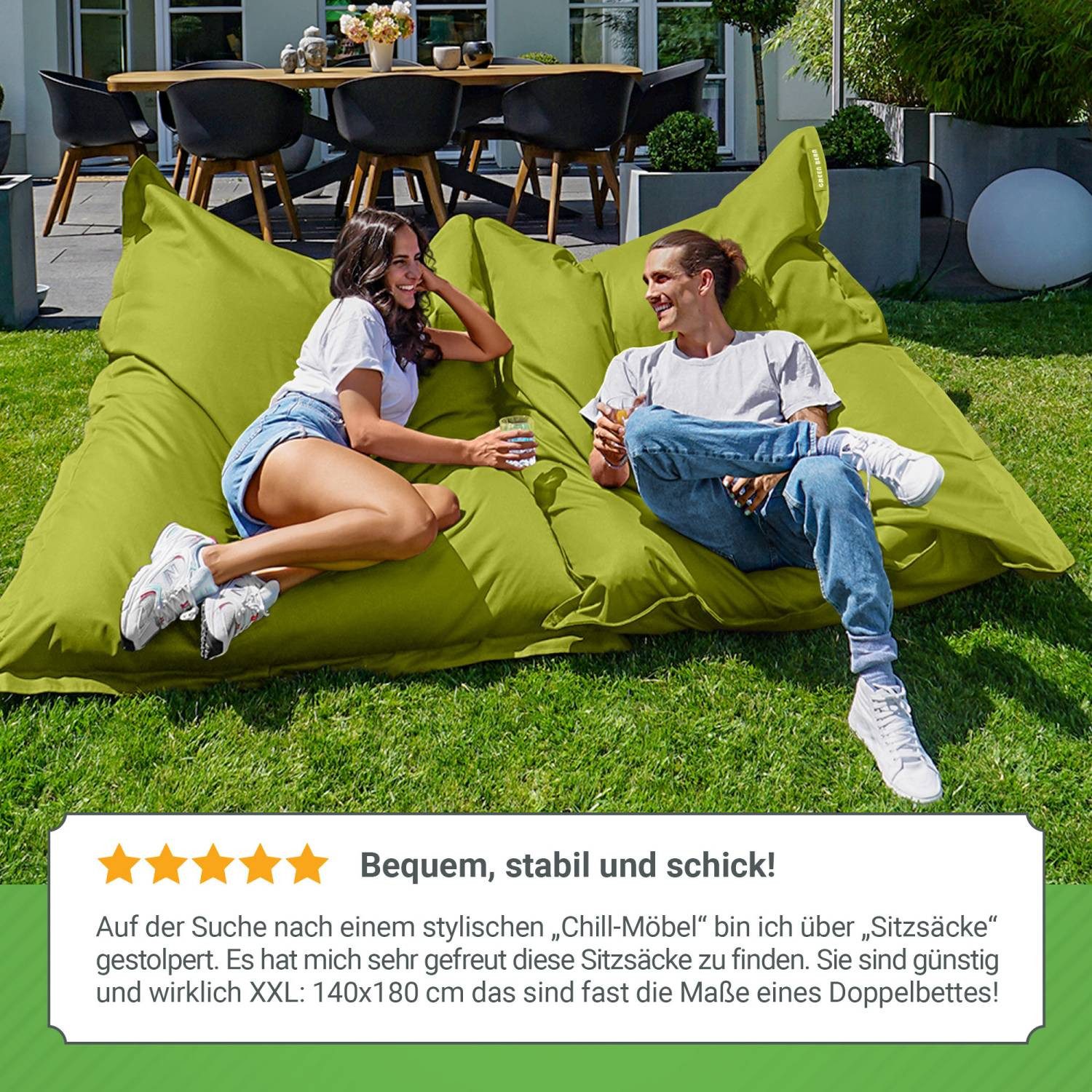 Green Bean Sitzsack XXL Outdoor Sitzsack Square 140x180cm (XXL Riesensitzsack 140x180cm 380 Liter Kinder & Erwachsene Bean Bag EPS Perlen Füllung, Groß Draußen  – Bild 4 von 5