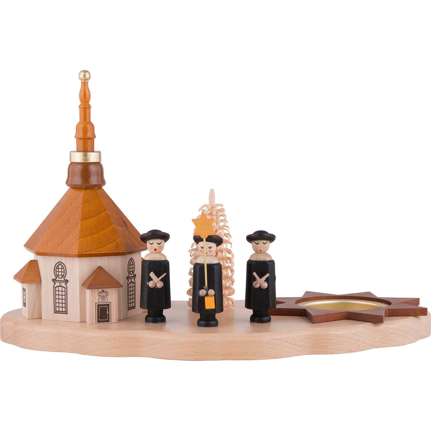 Dregeno Erzgebirge Schwibbogen Teelichthalter mit Seiffener Kirche und Kurrende (13cm) von Dregeno Se