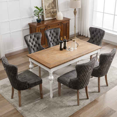 Merax Esszimmerstuhl mit Hoher Rücklehne, Gummiholzbeine (6 St), Polsterstuhl mit Metallgriff und Knopfheftung, Küchenstuhl aus Samt