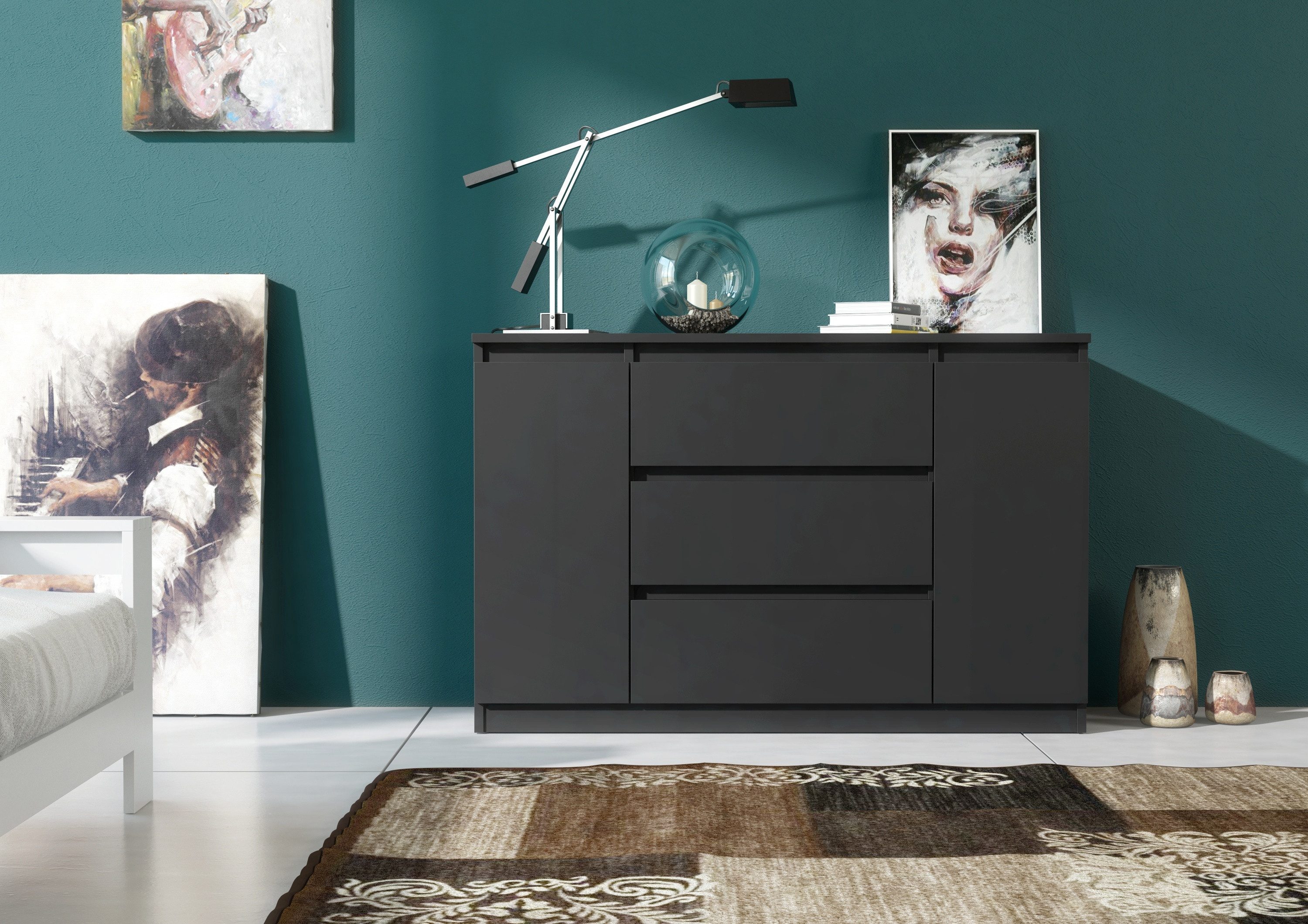 Raumhirsch Furniture Kommode, Sideboard, Kommode für das Schlafzimmer - Wohnzimmer (Maße: 120 × 39 × 78,5 cm, 2 Türen, 3 Schubladen, Rollenschienen), viele Farbvarianten - Hochwertig & stabil