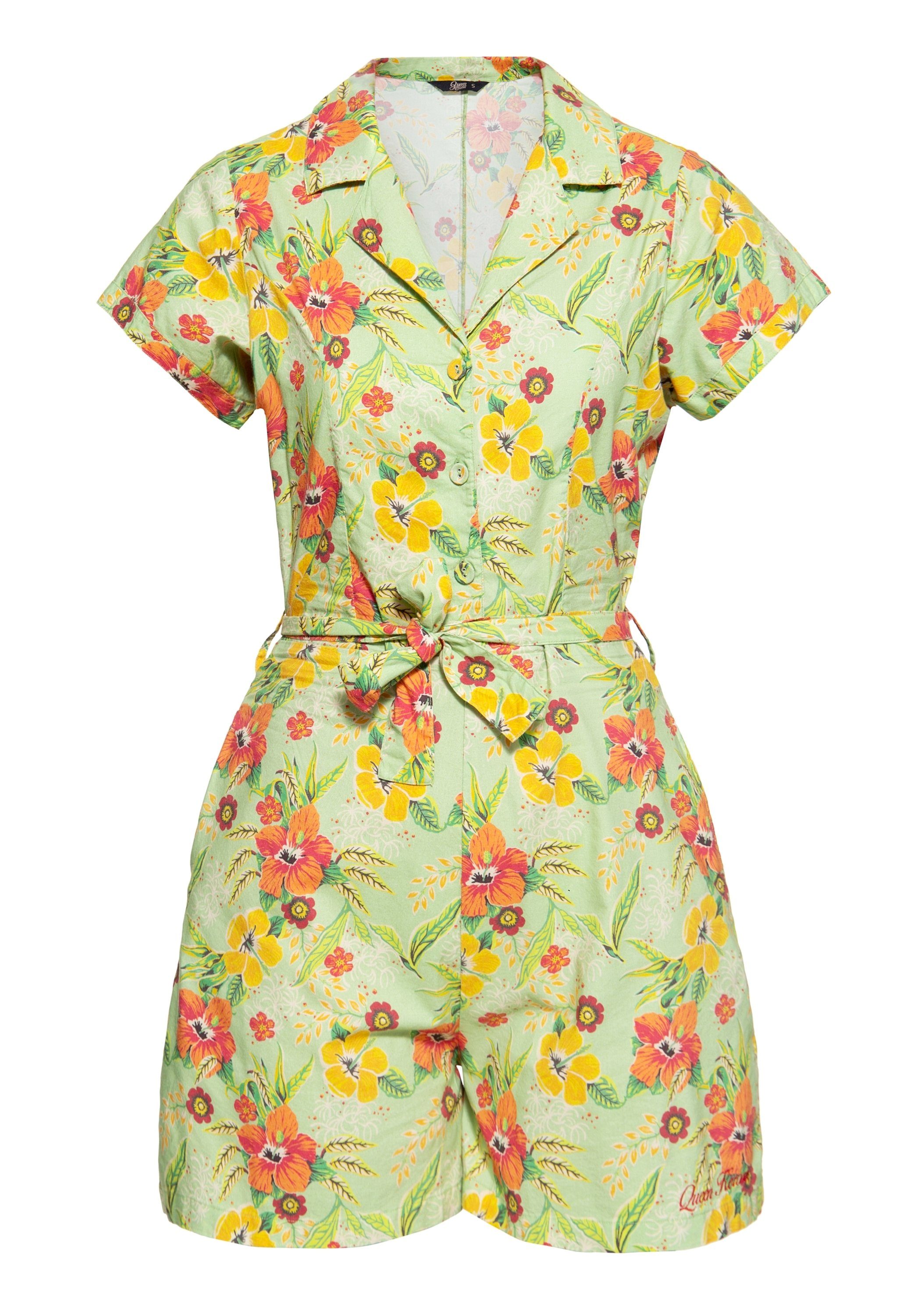QueenKerosin Jumpsuit Hibiscus Mint mit tropischem All-Over-Print