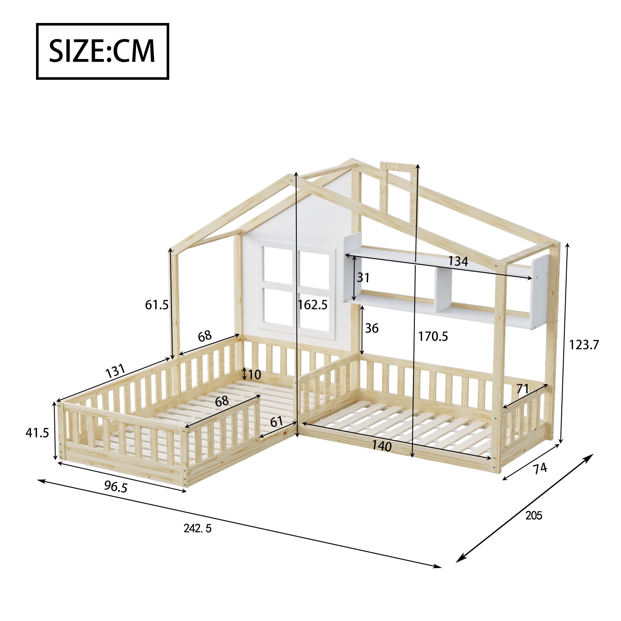 Merax Kinderbett 90x200cm/140x70cm mit Lattenrost (Geeignet für zwei Kinder, 242.5 x 205 x 170.5 cm), Massivholzbett Hausbett mit Rausfallschutz, Schornstein un – Bild 5 von 5