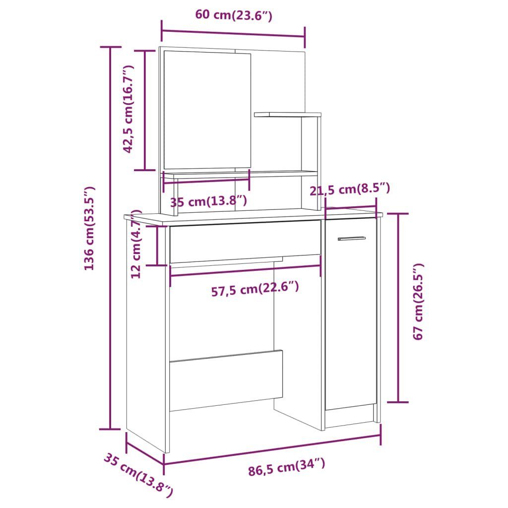 | Frisiertisch 86,5x35x136 Schminktisch vidaXL Beautytisch-Set Sonoma Sonoma-Eiche cm Eiche Schminktisch Eiche Sonoma