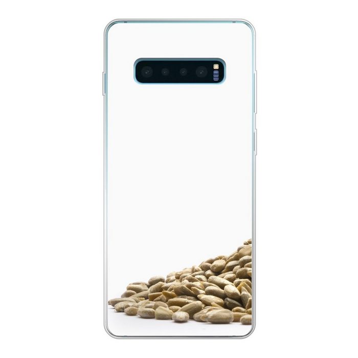 MuchoWow Handyhülle Stapel von Sonnenblumenkernen auf weißem Hintergrund Phone Case Handyhülle Samsung Galaxy S10+ Silikon Schutzhülle