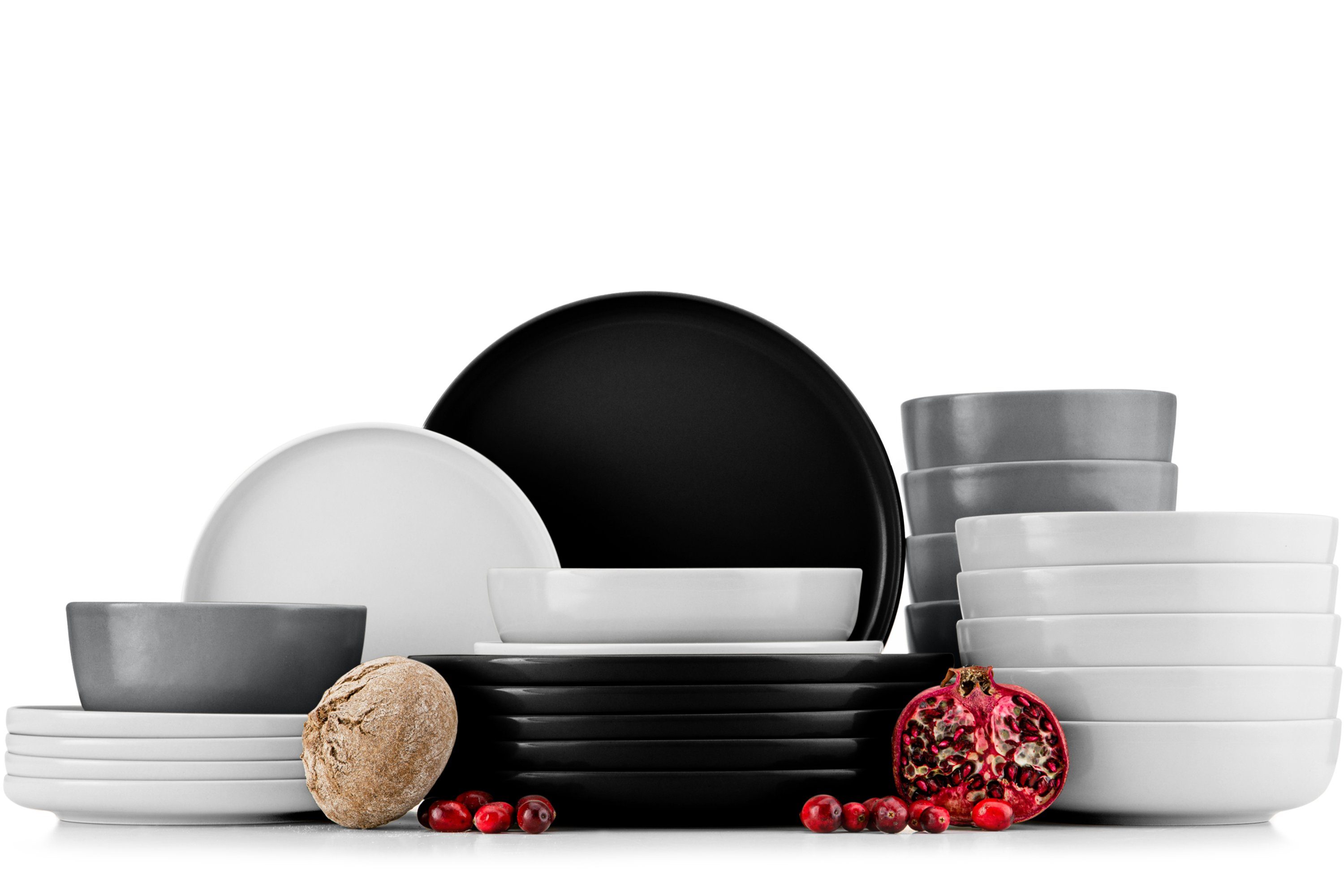 Konsimo Kombiservice VICTO Geschirrset hergestellt in der EU (24-tlg), 6 Personen, Steingut, spülmaschinengeeignet, mikrowellengeeignet, mehrfarbig, matt matt schwarz/weiß/grau/weiß