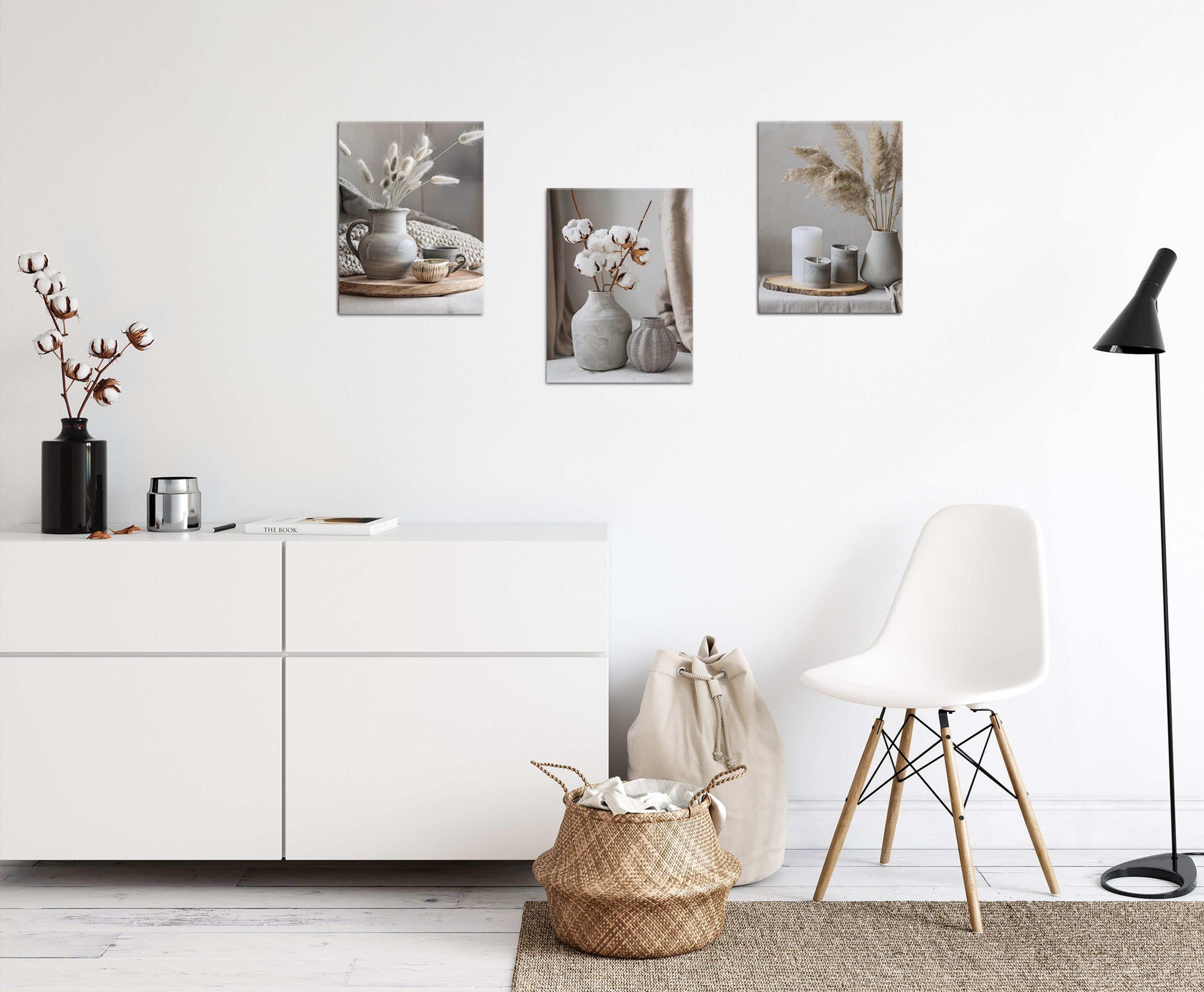 artissimo Mehrteilige Bilder Bilderset 3er-Set, Wandbilder-Set natur, Bilderwand Bilder beige weiß, moderne Stillleben: Gräser in weiß und beige – Bild 2 von 5