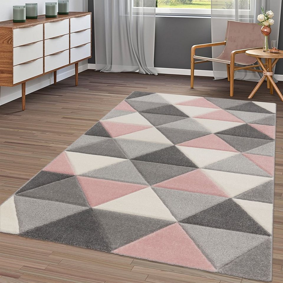 Teppich Kurzflor Teppich Pink Rosa Grau Wohnzimmer, TT Home, rechteckig,  Höhe: 16 mm