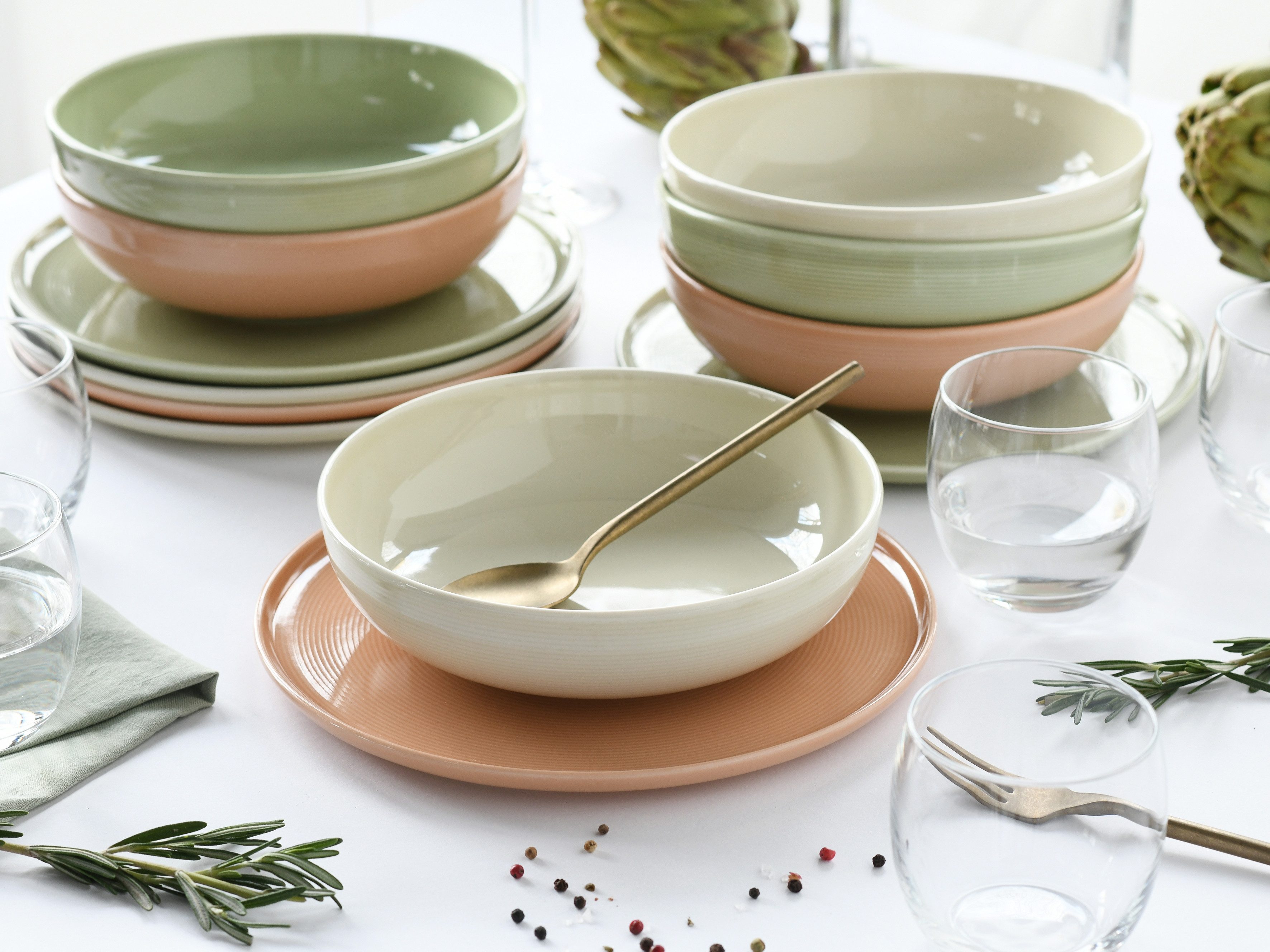 CreaTable Tafelservice Session, Service, Teller-Set, 12-tlg. (12-tlg), 6 Personen, Porzellan, Teller ohne Fahne mit großem Spiegel, Elegantes Rillenrelief