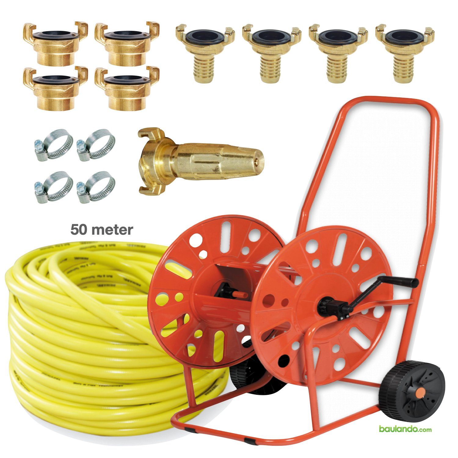 TRIZERATOP Gartenschlauch Schlauchwagen stahl + 50m 3/4" Wasserschlauch,  Bewässerung, (1x Schnellkupplung Spritzdüse Messing 19mm ; 4x  Schnellkupplung mit Tülle 19mm ; 3x Schnellkupplung Innengewinde 3/4 " -  für den Wagen und Wasserhahn