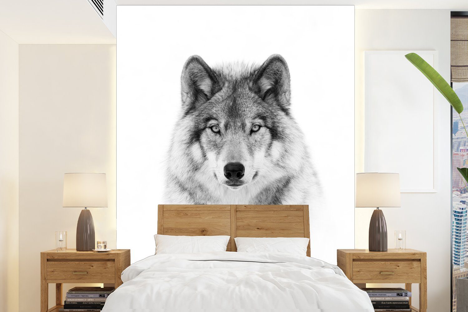 MuchoWow Fototapete Wolf - Tiere - Porträt - Weiß, Matt, bedruckt, (4 St), Montagefertig Vinyl Tapete für Wohnzimmer, Wandtapete