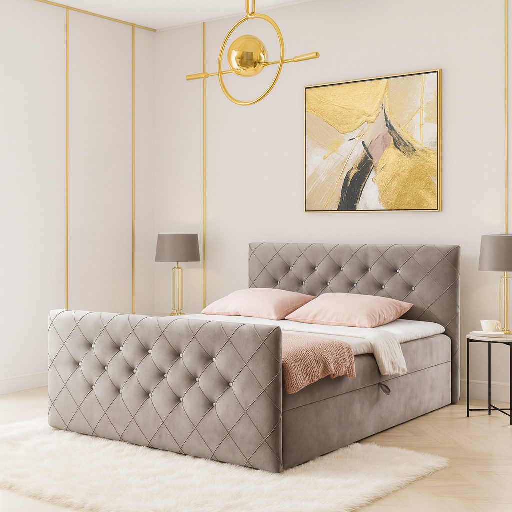 AN FURNITURE STORE Boxbett MALAGA Bett mit Bettkasten, Matratze, Topper & gepolstertem Kopfteil (inkl. Topper & Matratze), Boxspringbett mit Stauraum
