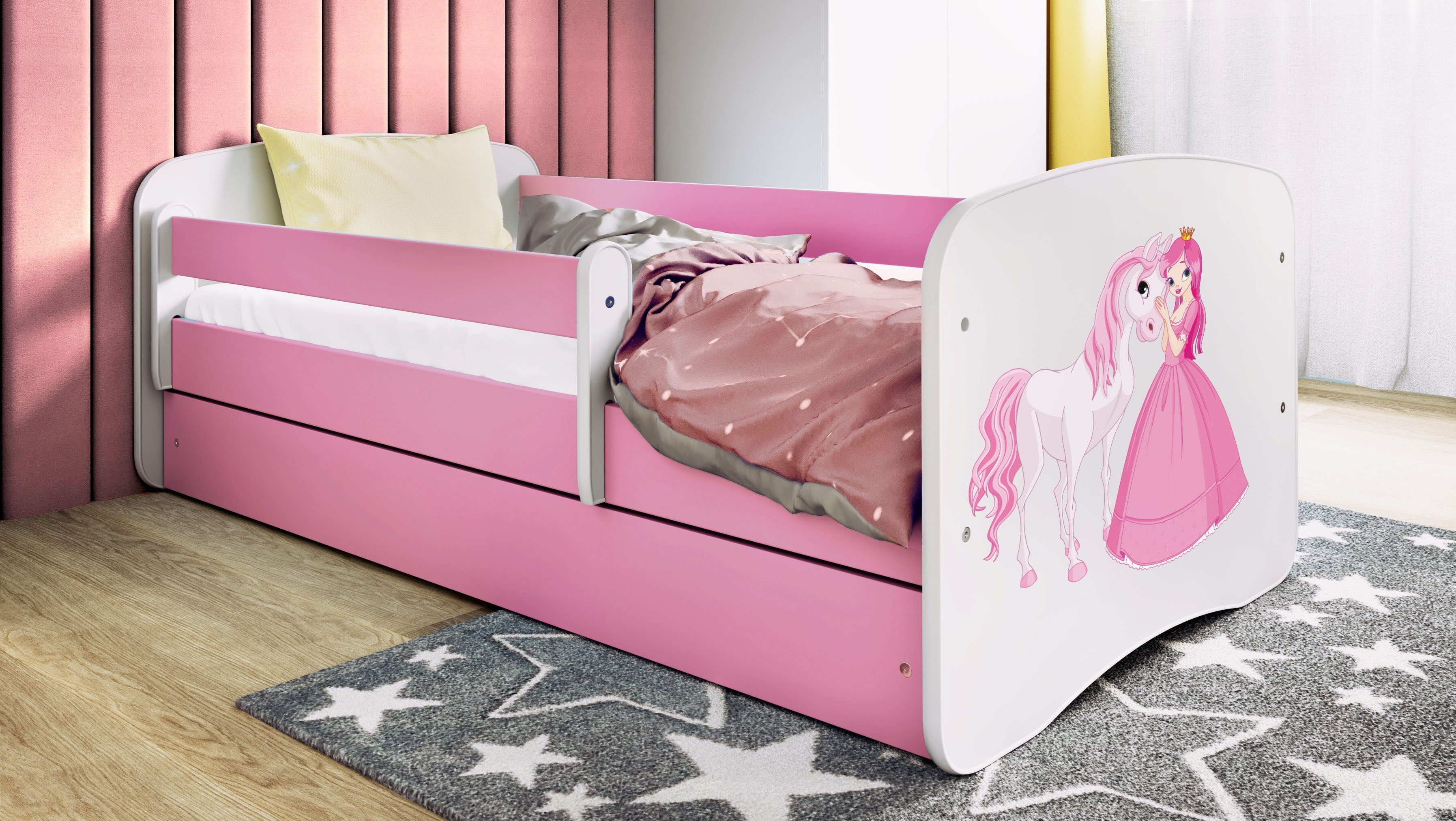 Raumhirsch Furniture Kinderbett 70x140, 80x160, 80x180 cm - Komplettset mit Schublade (Bett für Mädchen, Einzelbett Kinder 2–12, mit Rausfallschutz & Lattenrost), verschiedene Farben & Designs
