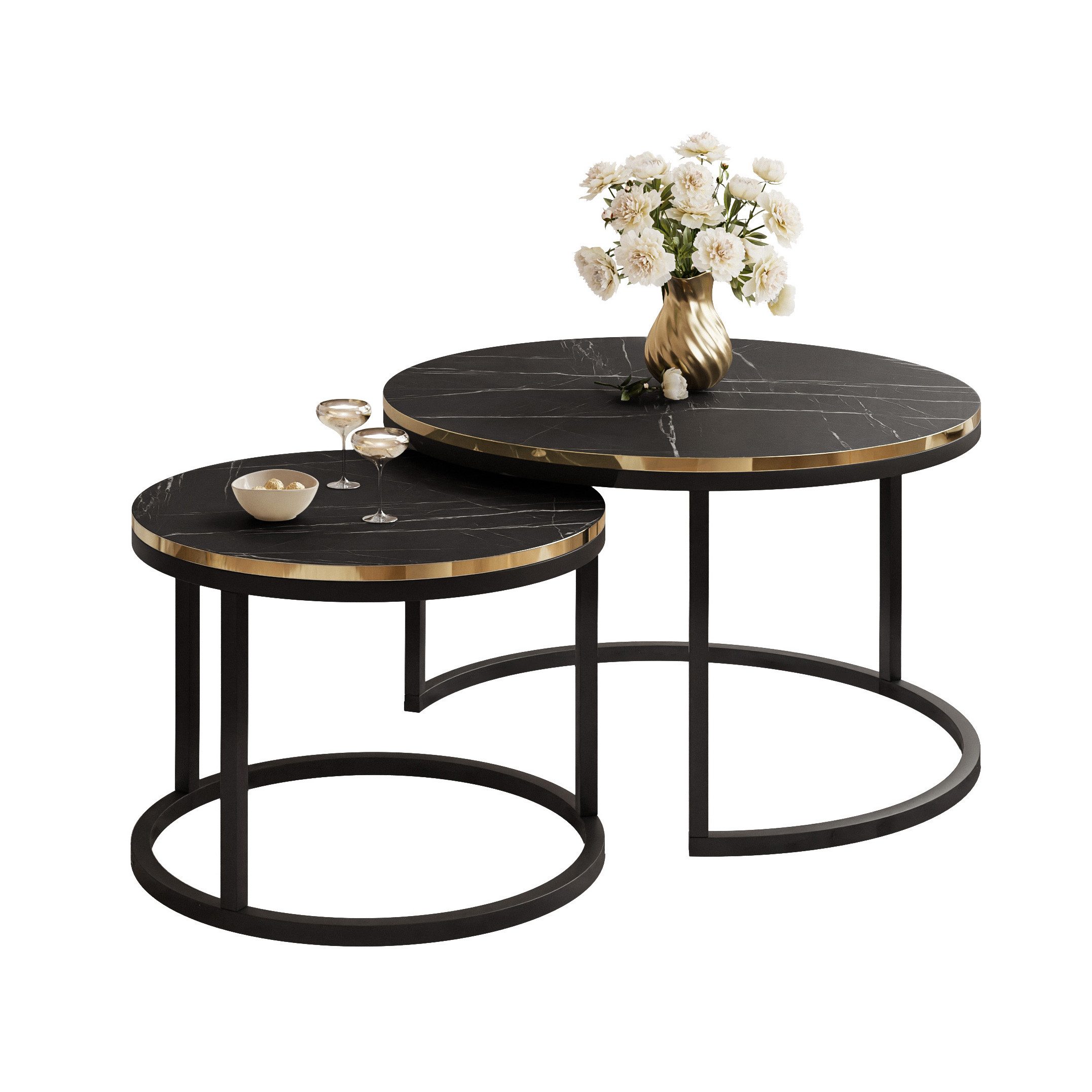 Lookway Couchtisch SOLEIL 2in1 MARMOR Runder Couchtisch mit Ablage (2er Set), Durchmesser: ⌀70 cm und ⌀50 cm