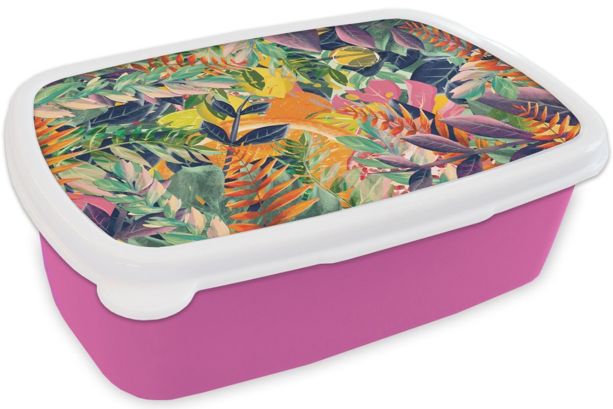 Lunchbox für - (2-tlg), Kinder, Brotbox Kunststoff, rosa - Kunststoff Dschungel Erwachsene, Blumen MuchoWow Snackbox, Tropisch, Mädchen, Brotdose