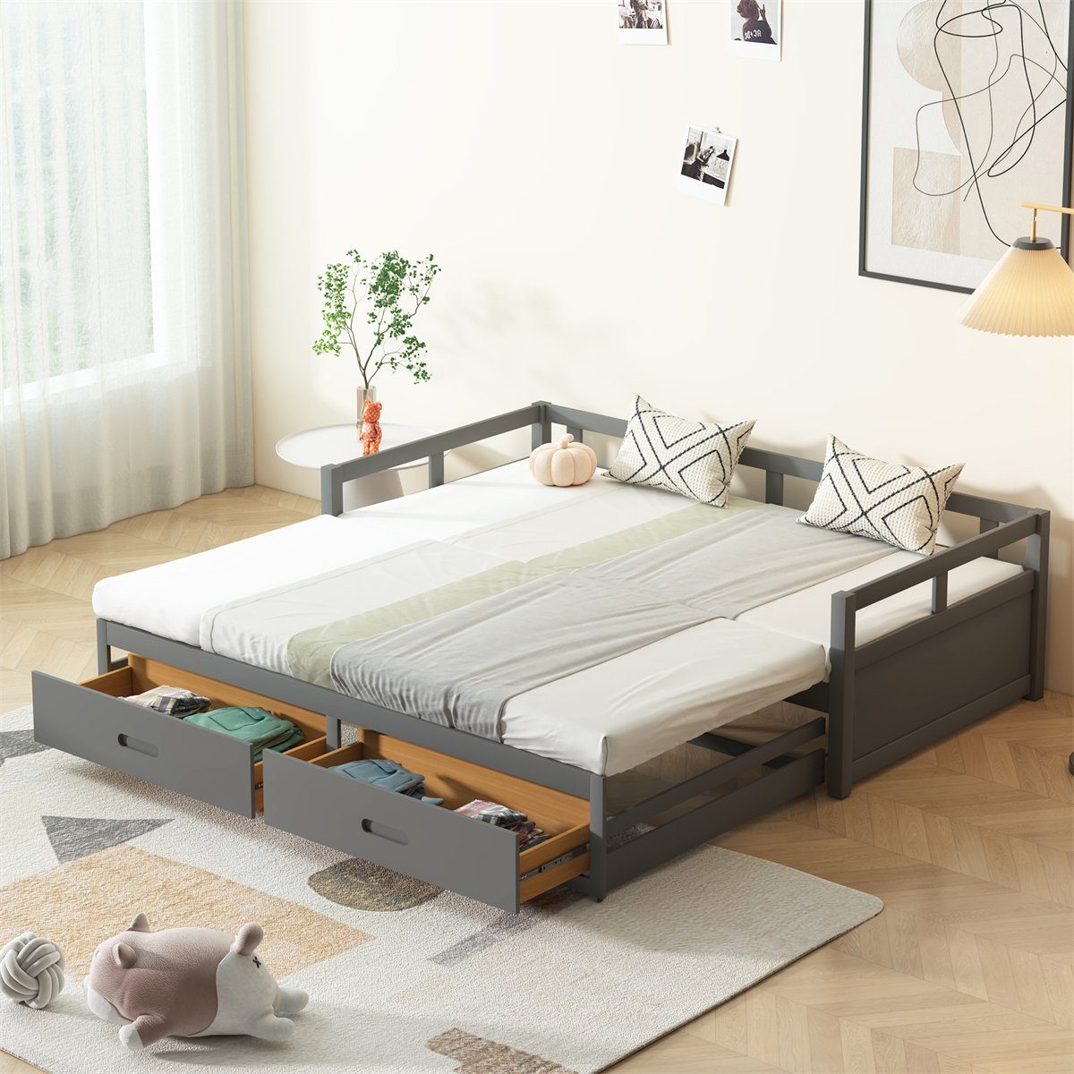 Fangqi Ausziehbett 90-180*200cm Polsterbett mit Holzlatten, Rückenlehne und Armlehnen (Mit einem zweiten Schlafbereich kann der untere Teil bei Nutzung des Einzelbettes als Bettkasten genutzt werden) Grau