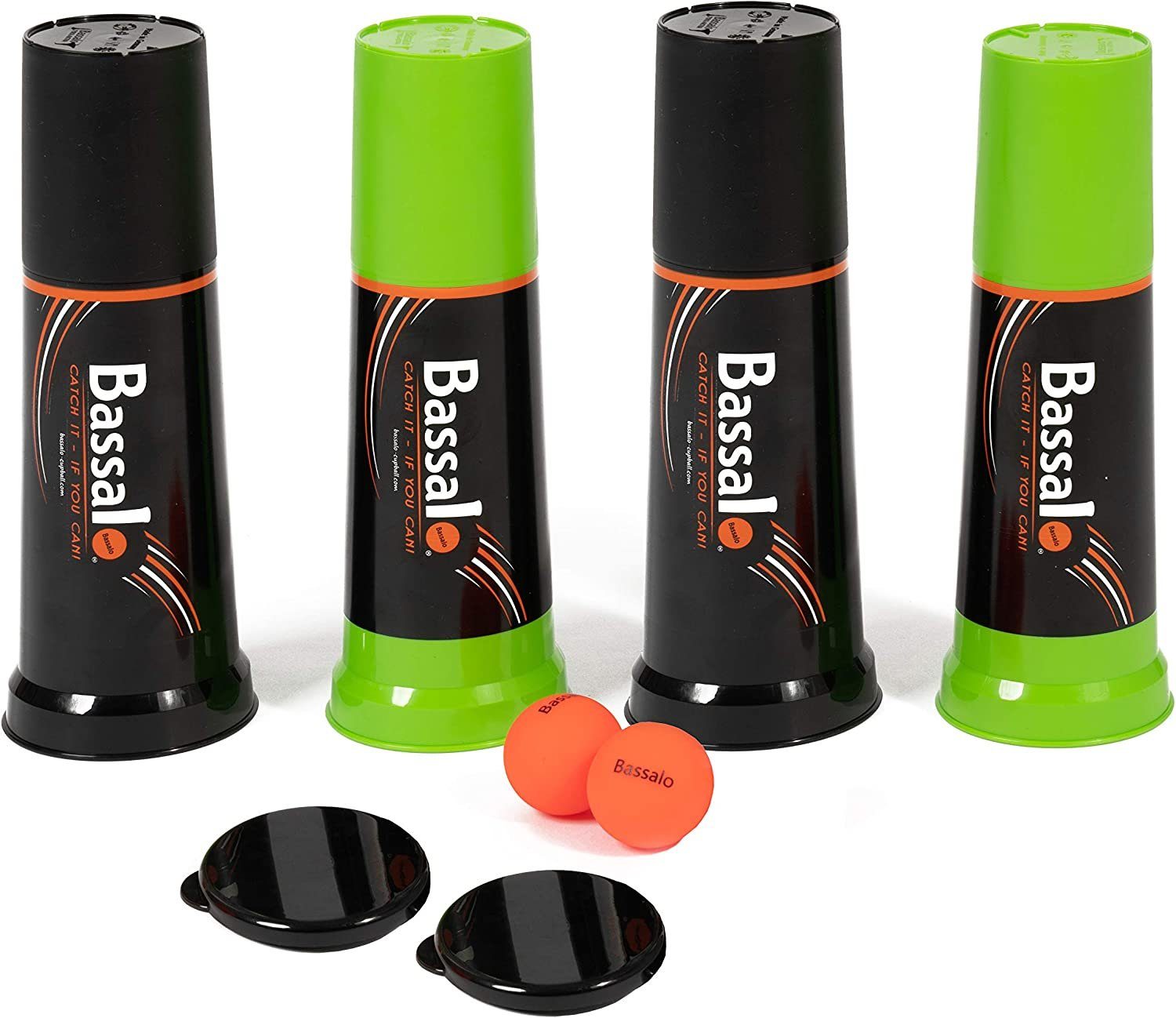 Bassalo Spielball Cupball 4er Familien Set- 4 Becher, 2 Spielbälle, Spielanleitung, für Indoor und Outdoor, Made in Germany | Spielbälle