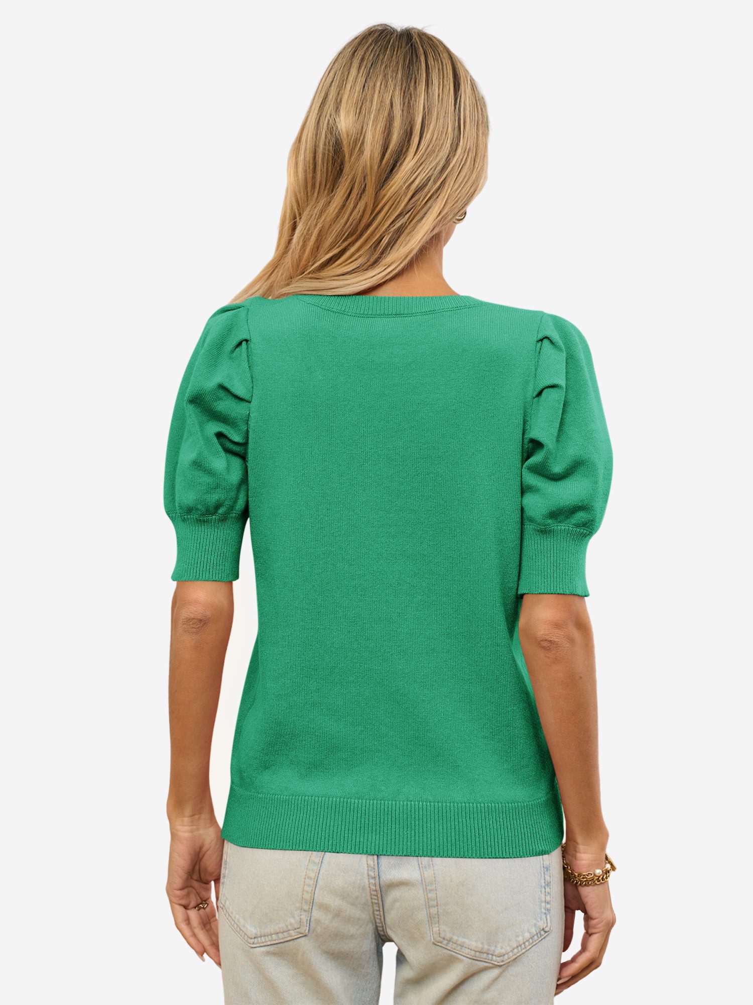 Imily Bela Stricktop Damen Halbarm Puffärmel V-Ausschnitt Top Stricken Sommer Casual (Packung, 1-tlg., 1per-Pack) gehäkelt in Unifarbe