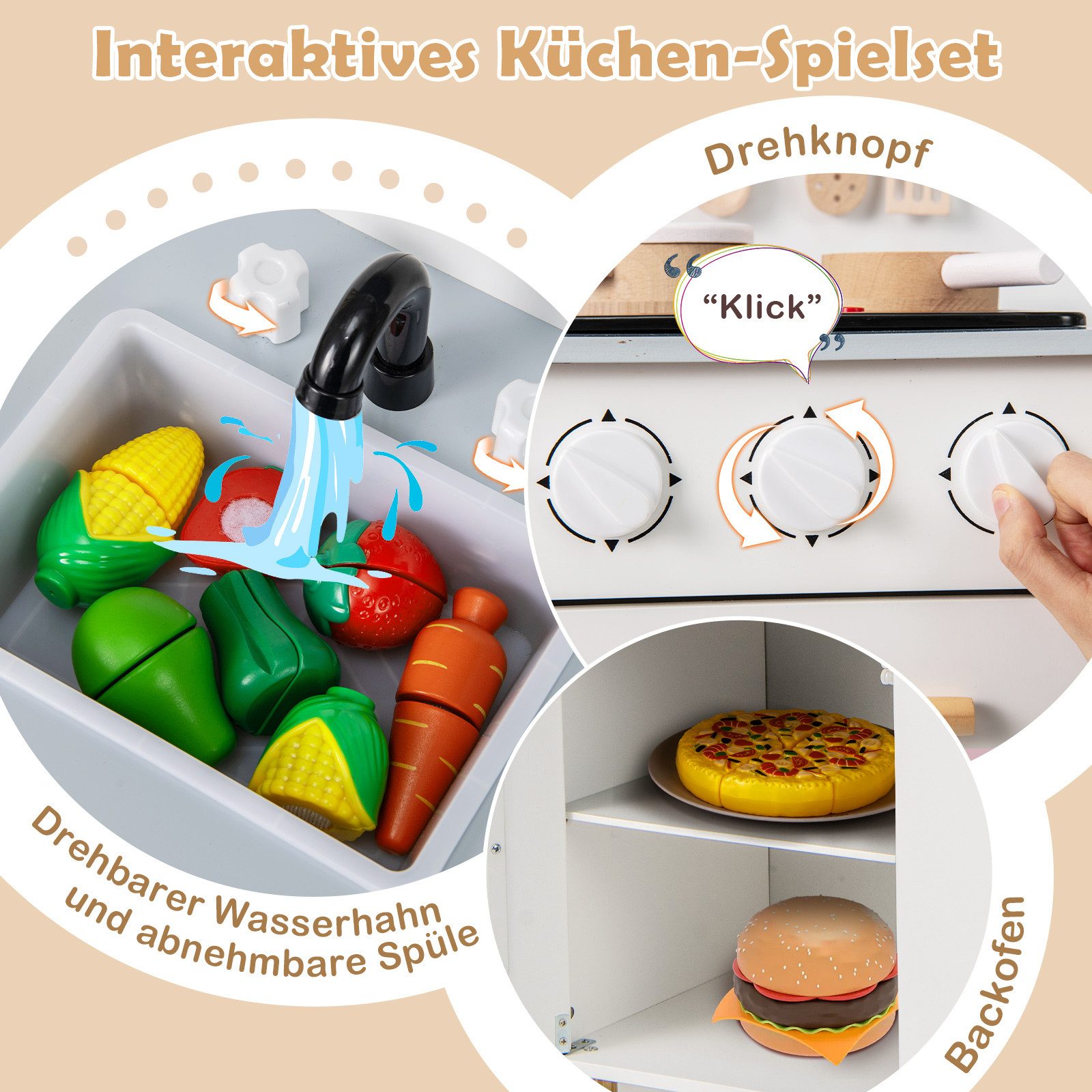 COSTWAY Spielküche, Kinderküche Holz mit Herd, Ofen & Zubehör