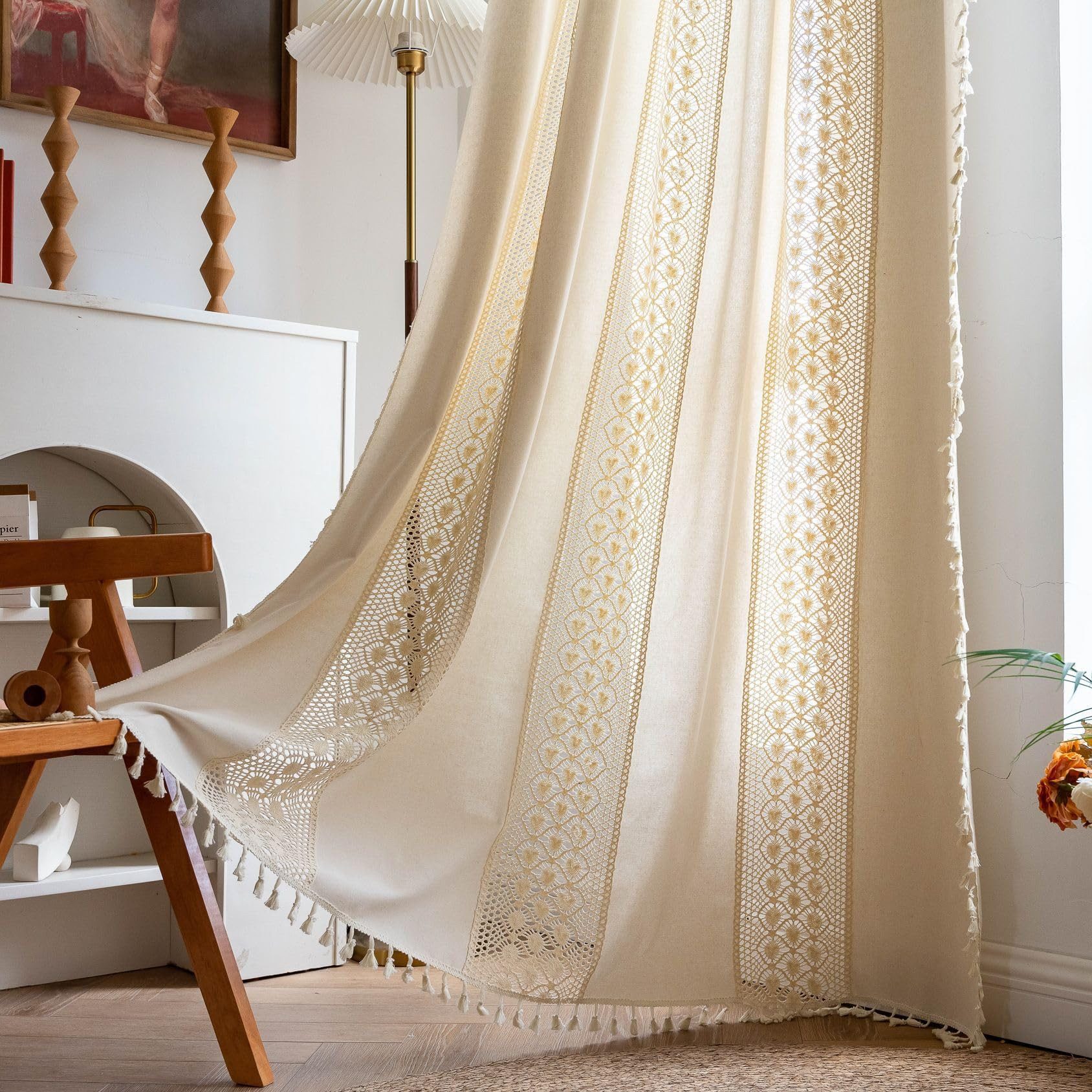 Kaket Gardine Boho-Vorhänge, beige Lochmuster-Gardine, Vintage-Landhausstil günstig online kaufen