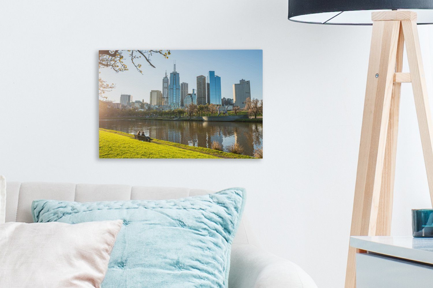 OneMillionCanvasses® Leinwandbild Blick auf St), 30x20 die von Wanddeko, aus cm Park, (1 Leinwandbilder, Wandbild Wolkenkratzer einem Melbourne Aufhängefertig