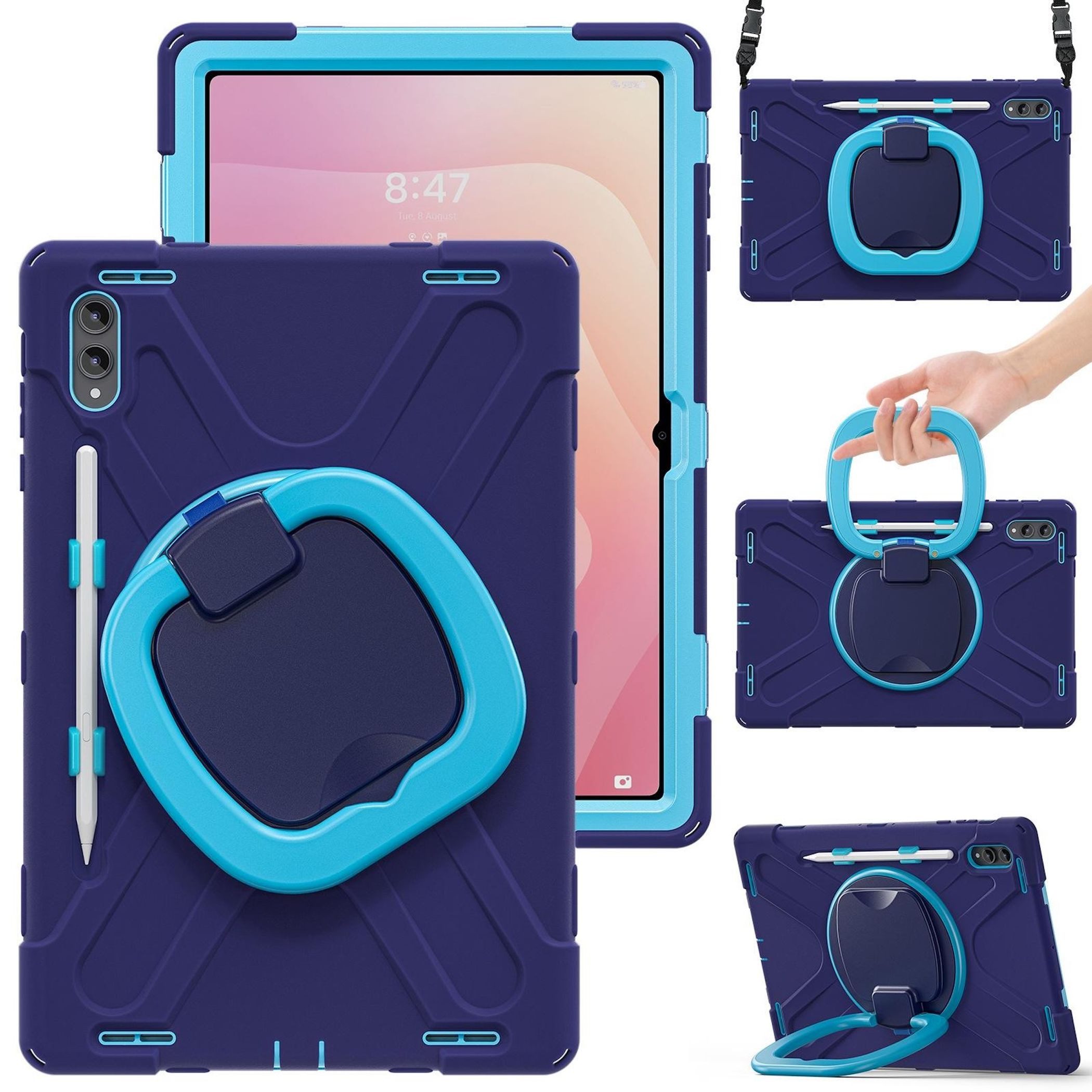 Wigento Tablet-Hülle Für Samsung Galaxy Tab S11 Ultra Hybrid Hülle Halter & Gurt Blau, 360° drehbar, stoßfest, Schultergurt
