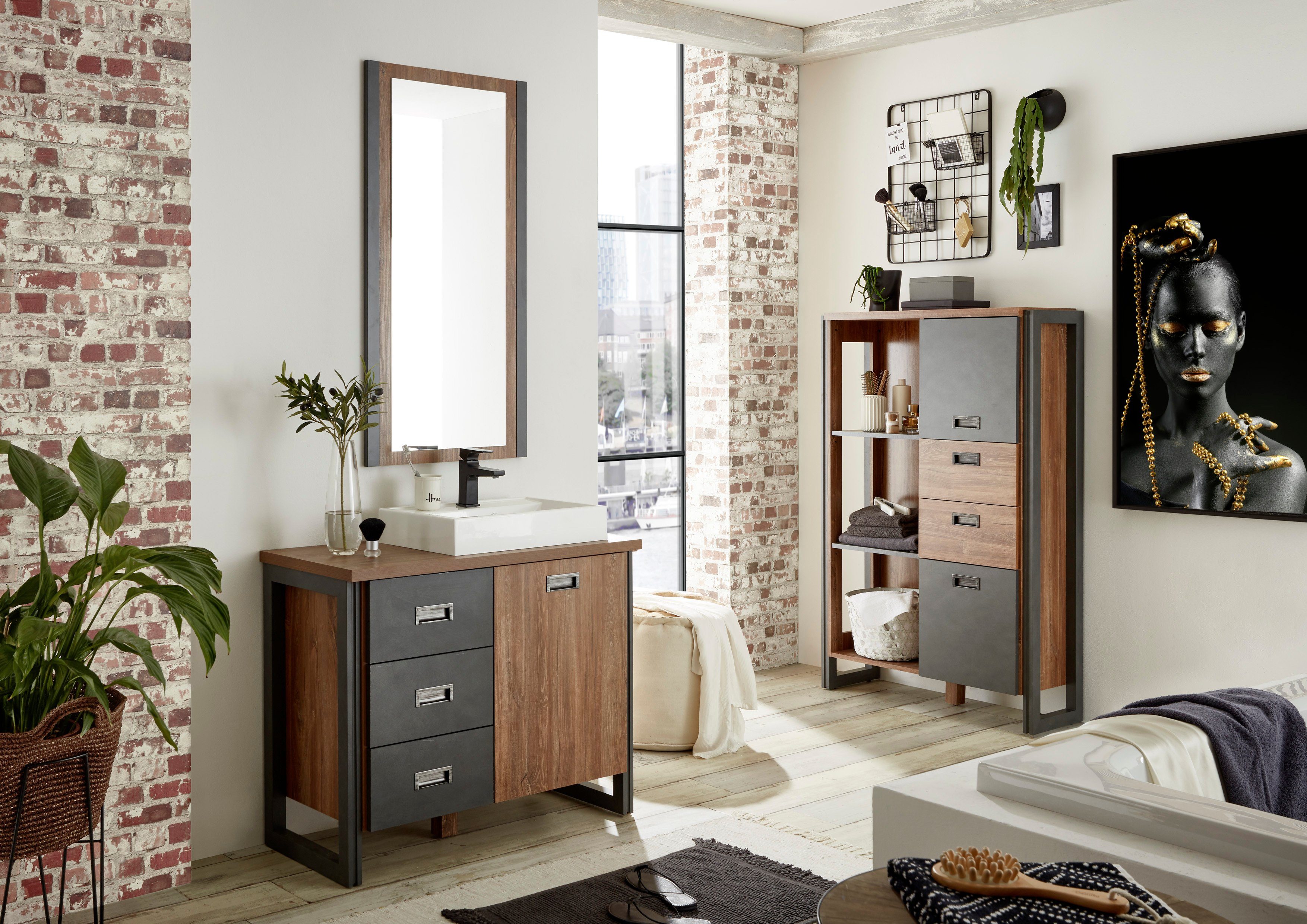 Home affaire Badmöbel-Set Detroit, Bad im Industrialdesign, 3-teiliges Badezimmer, (Set, 3-St), Waschtisch, Highboard & Spiegel, inkl. Mineralguss-Aufsatzwaschbecken