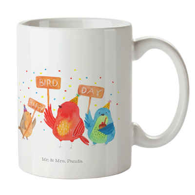 Mr. & Mrs. Panda Tasse Happy Birdday - Weiß - Geschenk, Kaffeebecher, Kaffeetasse, Porzellan, Keramik, Herzberührende Designs
