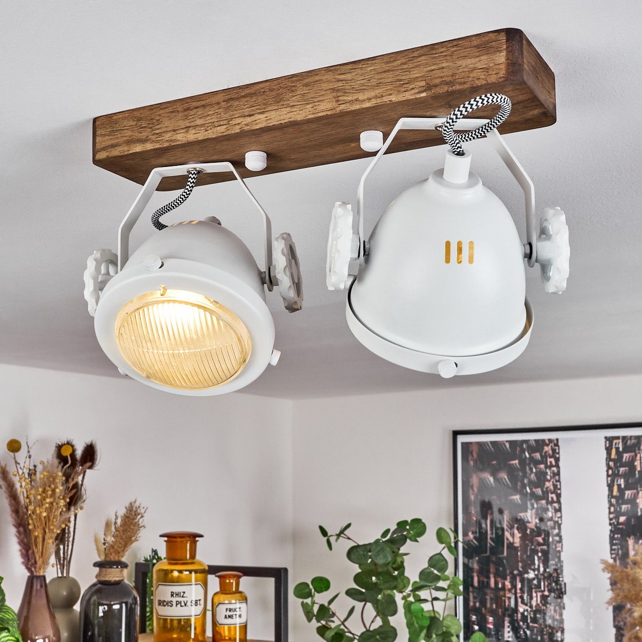 hofstein Deckenleuchte »Biati« verstellbare Deckenlampe aus  Metall/Holz/Glas, Braun/Weiß/Klar, ohne Leuchtmittel, 3xGU10,  dreh-/schwenkbarer Spot im Industrial Design