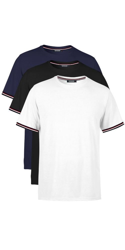 COMEOR T-Shirt Basic Herren Kurzarm Rundhalls (Packung, 3-tlg) mit gestreiften Ärmel Bündchen Schwarz-Dunkelblau-Weiß