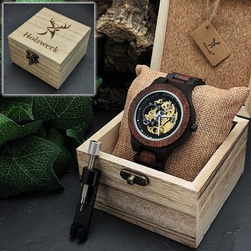 Holzwerk Automatikuhr DASSEL Herren Holz Armband Uhr, offene Unruhe in dunkel braun, gold