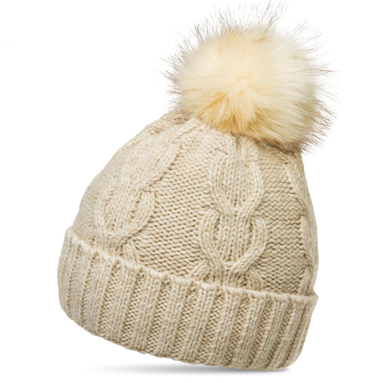 Bommelmütze MU175 Damen Winter Mütze Strickmütze Bommelmütze mit großem Fellbommel