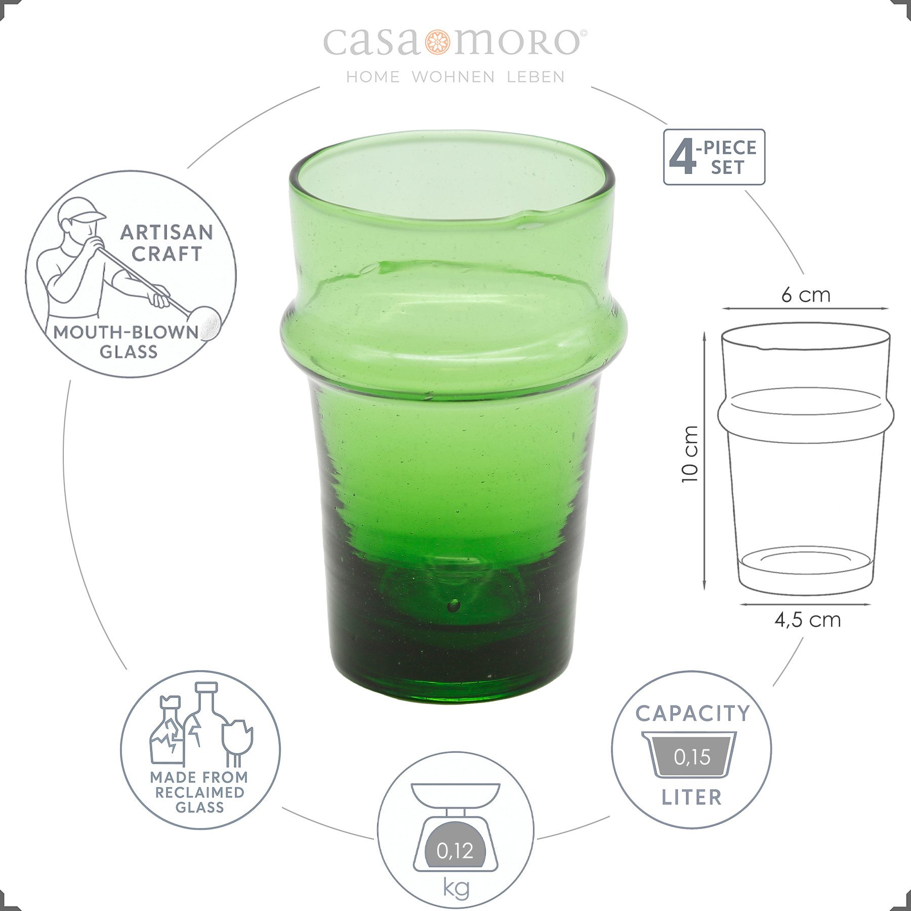 Casa Moro Gläser-Set Cappuccino Gläser Set 4er Grün Teegläser Dessertgläser Glas Espresso, 4-teilig, 150 ml je Glas, für Kalt- und Heißgetränke, mundgeblasen