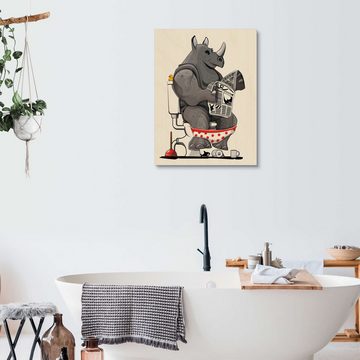 Posterlounge Holzbild Wyatt9, Nashorn auf der Toilette, Badezimmer Illustration