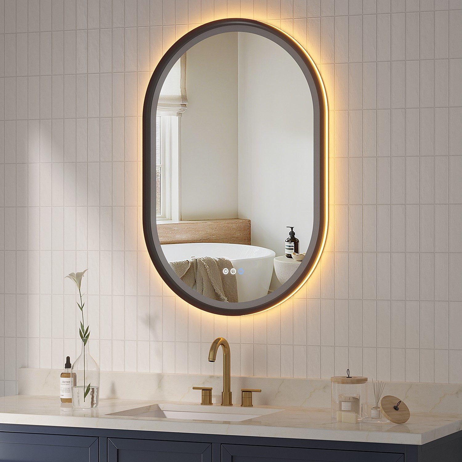 AQUABATOS Badspiegel mit Beleuchtung Ovaler LED Spiegel dimmbar Wandspiegel für Badezimmer, 50x80 / 60x90 cm, Beschlagfrei,Touch,Memory,Kaltweiß & Warmweiß,IP44
