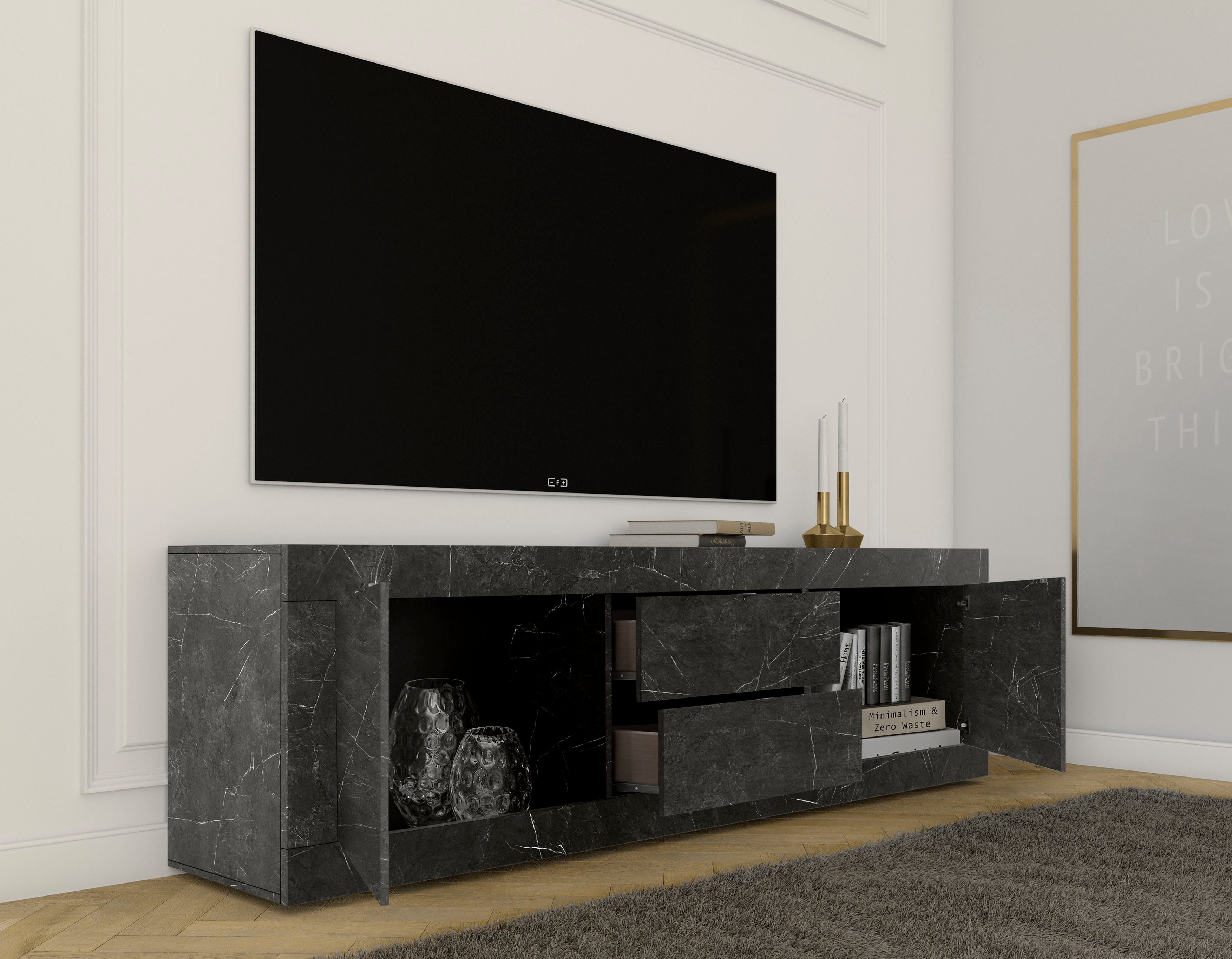 Home affaire Lowboard Basic Breite 210 cm, TV-Board 2 Türen, 2 Schubkästen, TV-Schrank, Metallgriff, moderne Rahmenoptik, viel Stauraum, Farbauswahl