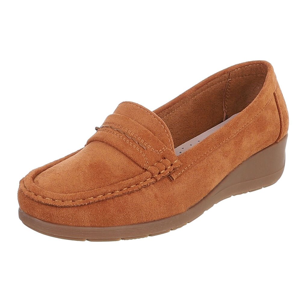 Ital-Design Damen Loafer Slip-On mit Keilsohle in Veloursoptik Slipper (91849431) Keilabsatz/Wedge Mokassins in Camel