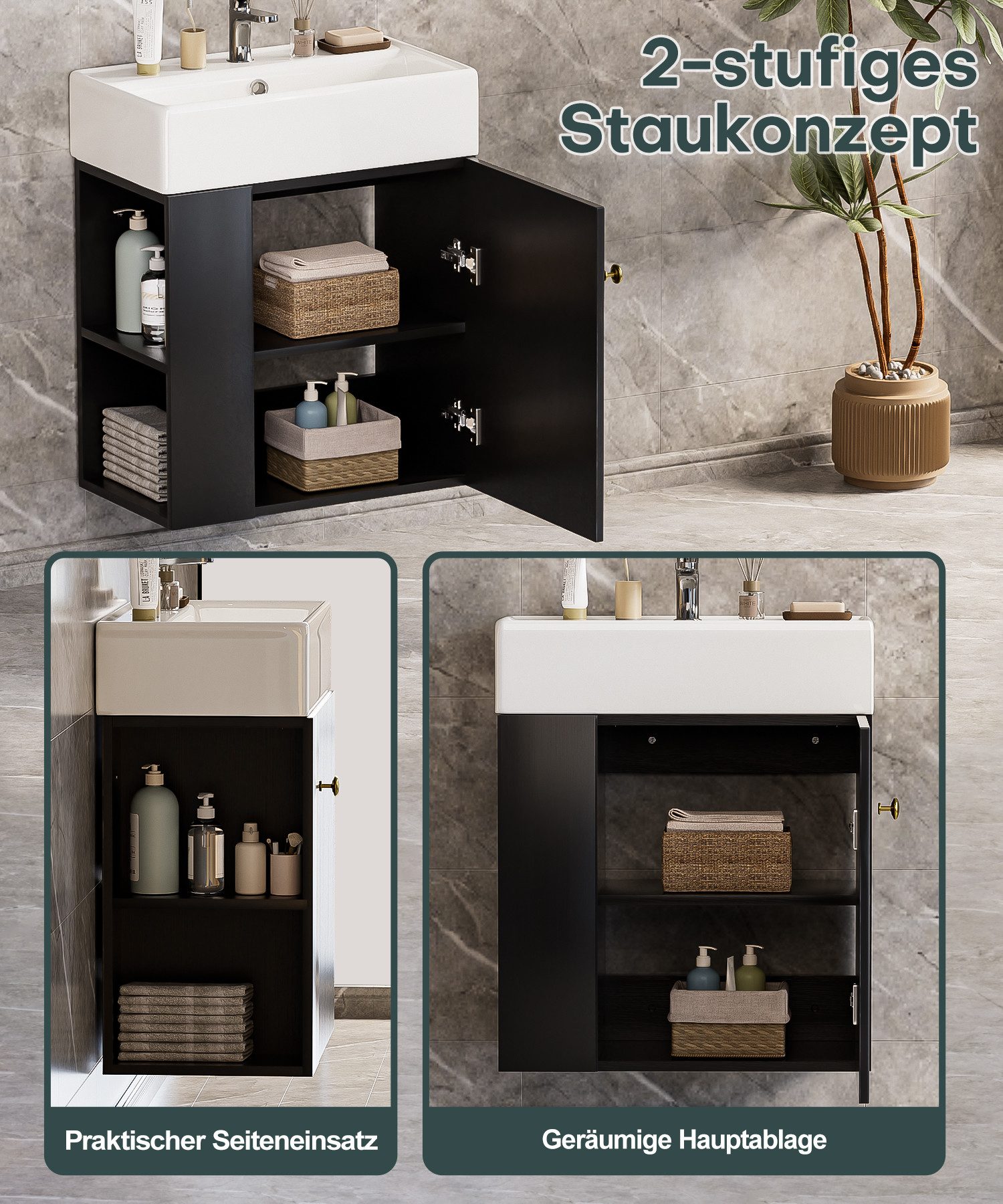Yorbay Waschtisch Badmöbel Waschtischunterschrank (Breite 55 cm, Badschrank mit Waschbecken), Waschbecken mit Waschtisch für kleine Badezimmer – Bild 3 von 5