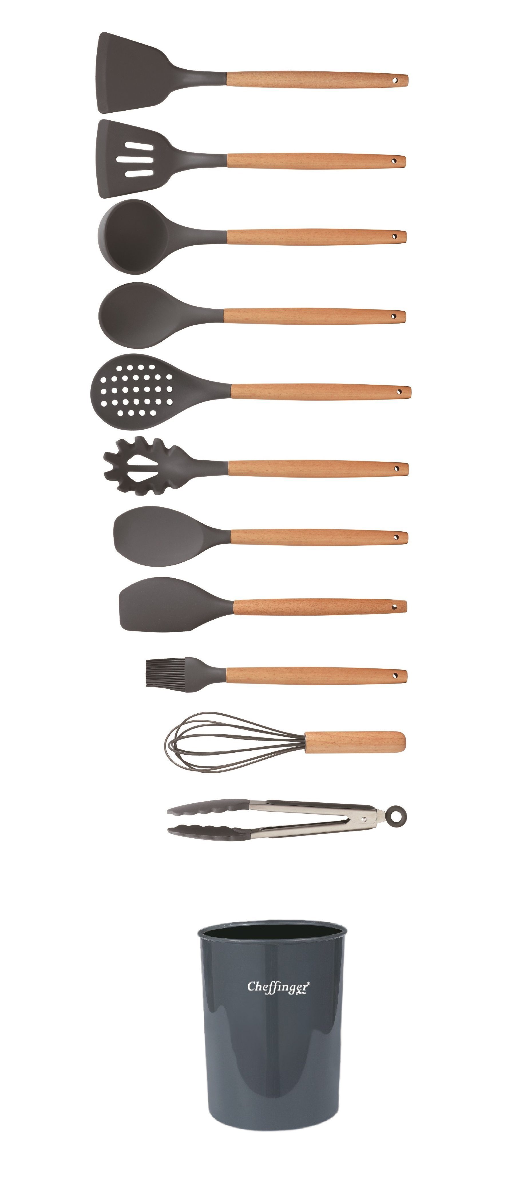 Cheffinger Kochbesteck-Set 12-tlg Küchenhelfer Kochbesteck Set Kochgeschirr Silikon Holzgriff (12-tlg., 12-teiliges Set) – Bild 2 von 2