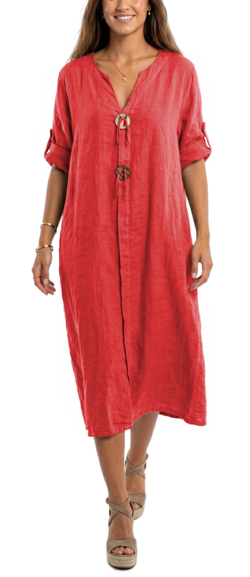 dy_mode Hemdblusenkleid Damen Leinenkleid Midi Hemdblusenkleid mit V-Ausschnitt Freizeitkleid in Unifarbe, V-Ausschnitt, mit seitlichen Eingriffstaschen
