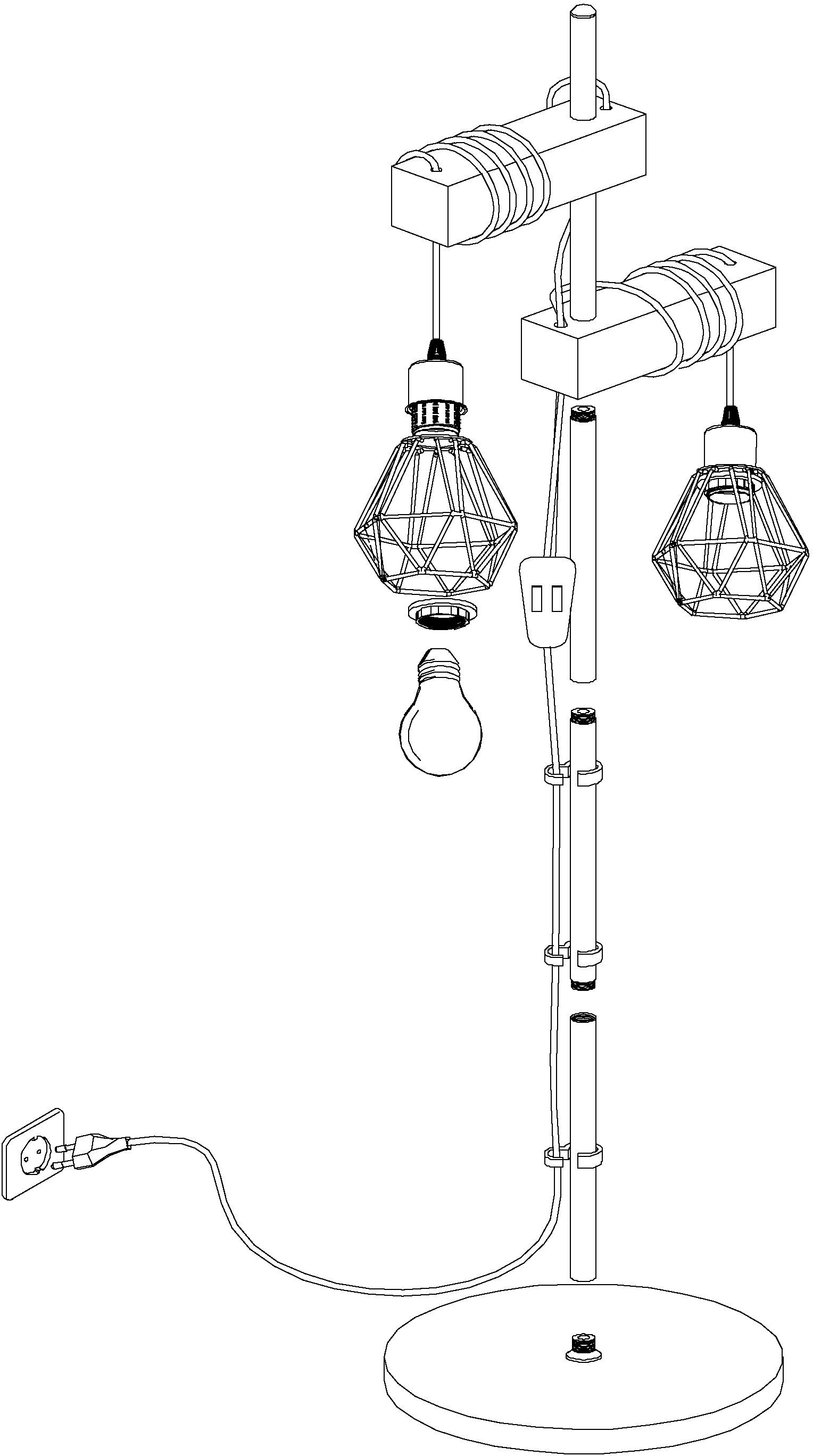 EGLO Stehlampe TOWNSHEND 5 Stehlampe, Stahl und Holz, E27, IP20, Flurlampe, Lampe, Ein-/Ausschalter, ohne Leuchtmittel, Stehleuchte, L40 x B25 x H166,5 cm, schwarz, braun, 2X60W exkl.