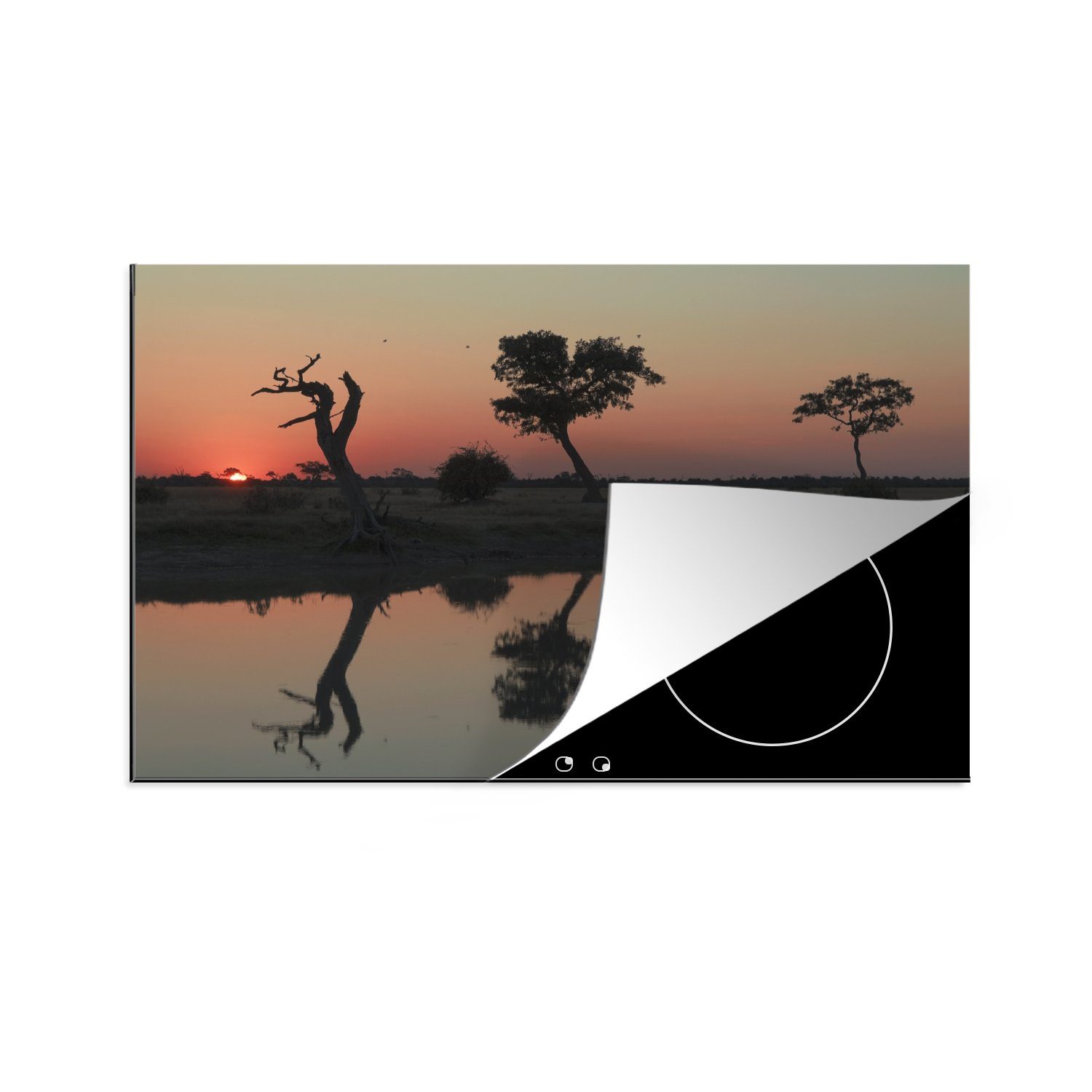 MuchoWow Herdblende-/Abdeckplatte Sonnenuntergang über Schutz 81x52 (1 Chobe-Nationalpark, Wasserloch Ceranfeldabdeckung dem küche, die für Induktionskochfeld cm, Vinyl, im tlg)