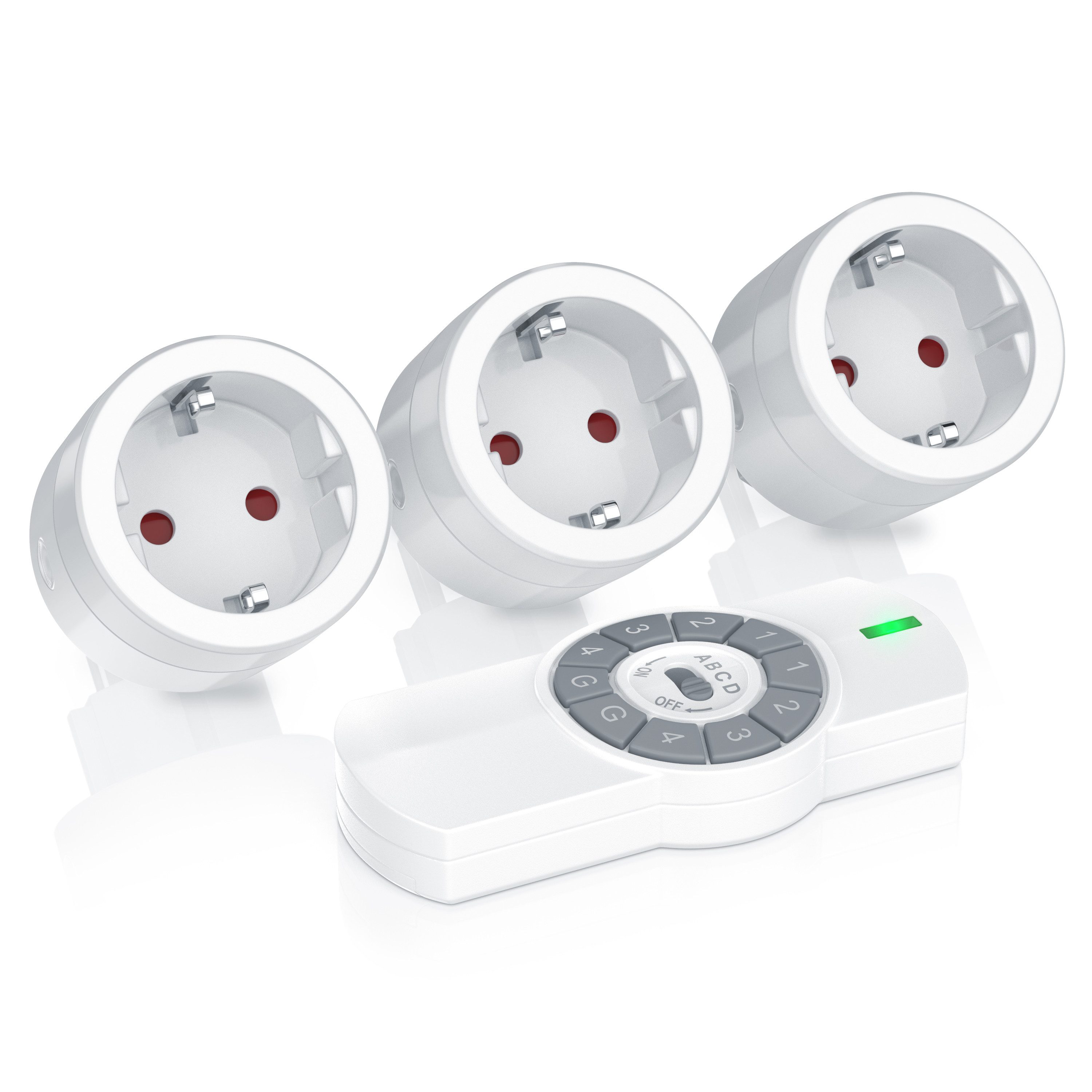 BEARWARE Funksteckdose Funksteckdosen 3er Set mit Fernbedienung, für Innenbereich, LED, Reichweite 25m, Ferngesteuerte indoor Stecker, Berührungsschutz, 3680W