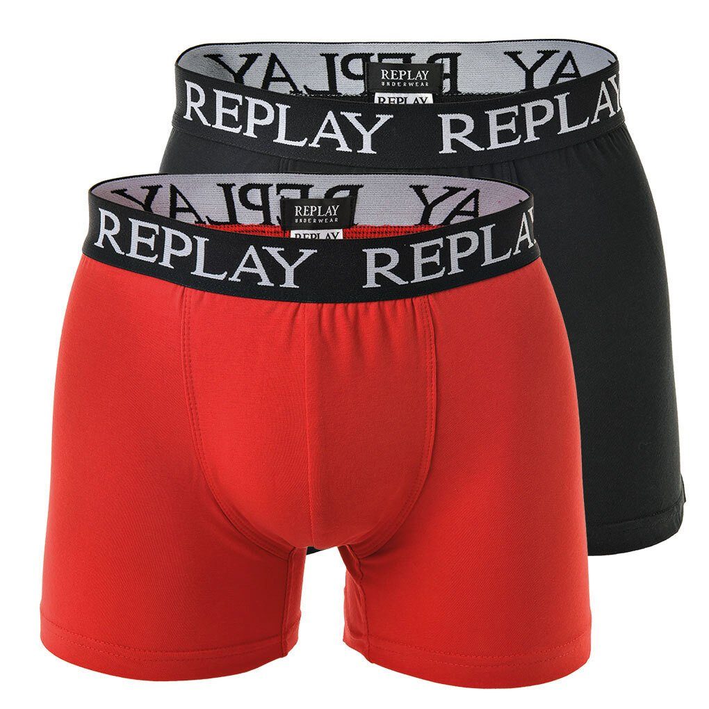 Replay Boxer Herren Boxer Shorts, 2er Pack - Trunks, Cotton Rot/Schwarz