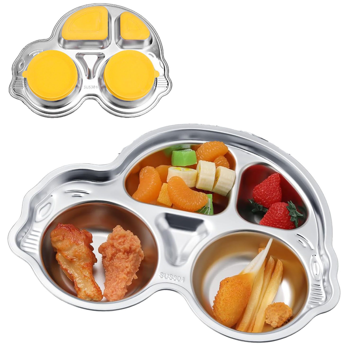 HEYHIPPO Kindergeschirr-Set Kinder-Esstablett mit Saugnapf,Autoform,rutschfester Edelstahl, 700 ml, 1 Personen, Babybesteck, 29,5 x 21,5 x 4,5 cm, bruchsicher und leicht zu reinigen