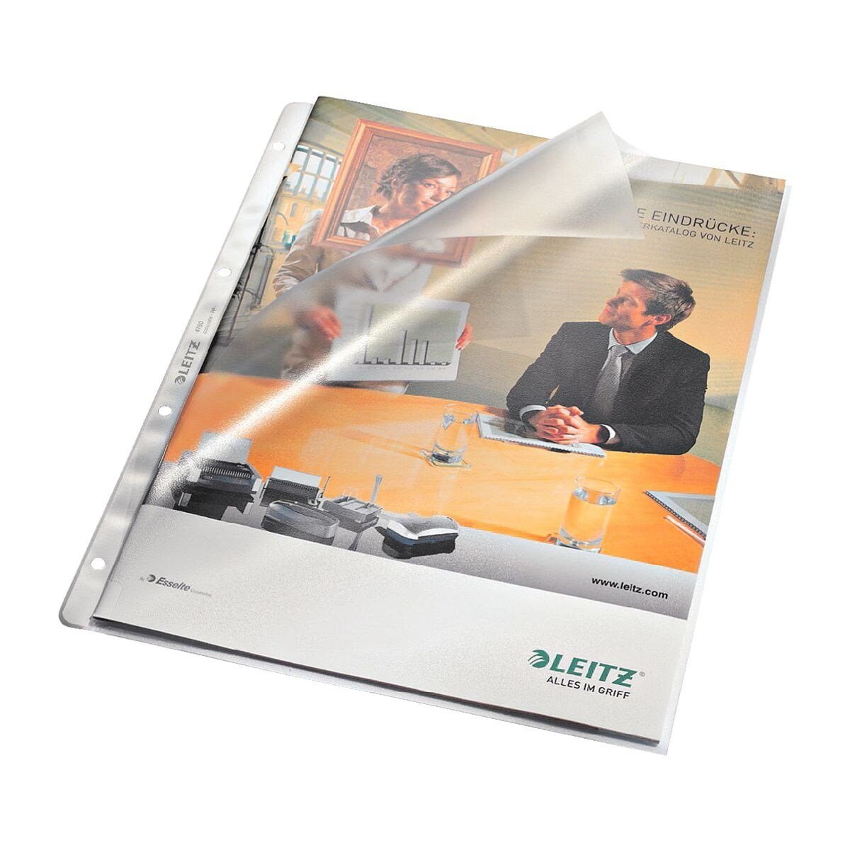 LEITZ Prospekthülle 4780, 100 Stück, genarbt, Format A4, 4-fach Lochung, oben /links offen